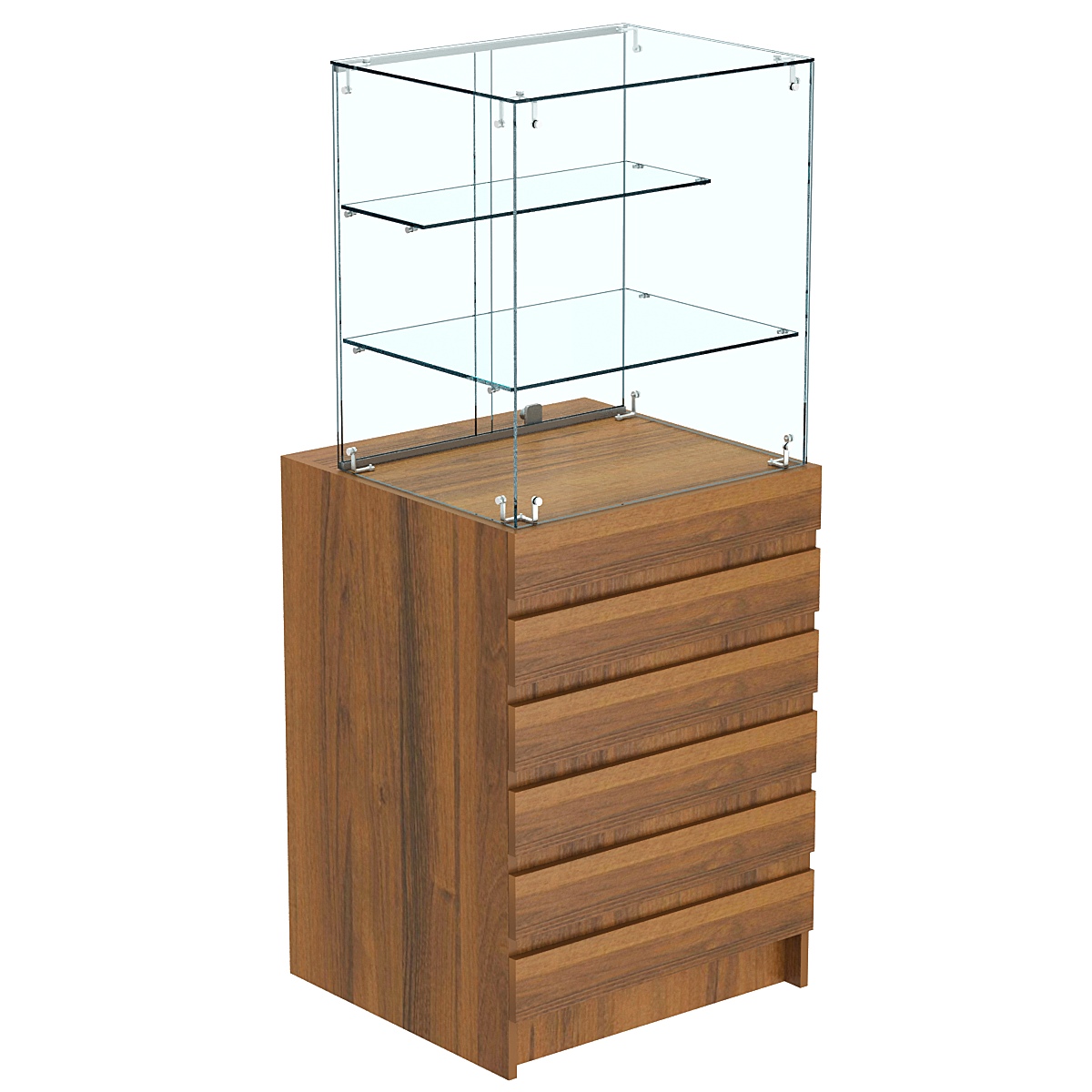 Торговый прилавок малый с двумя стеклянными полками и фасадными панелями №5Э-02 Орех