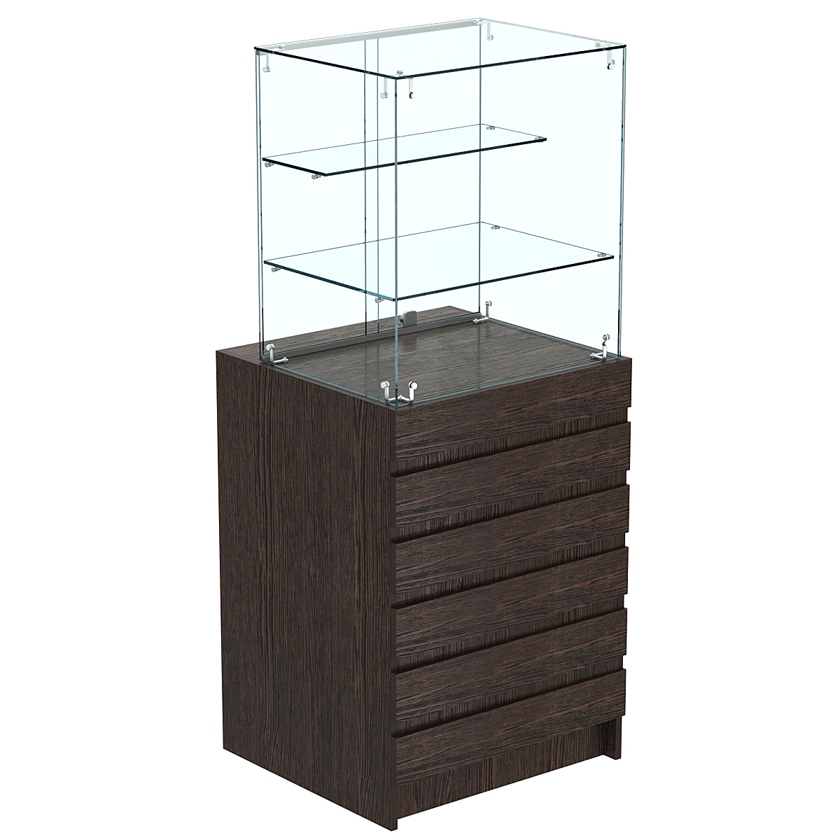 Торговый прилавок малый с двумя стеклянными полками и фасадными панелями №5Э-02 Дуб Венге