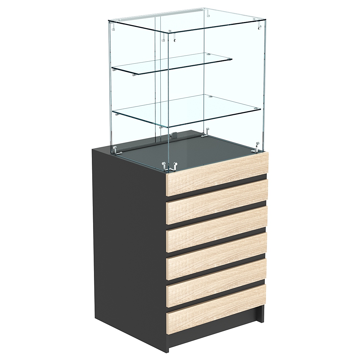 Торговый прилавок малый с двумя стеклянными полками и фасадными панелями №5Э-02 Черный + Дуб Сонома
