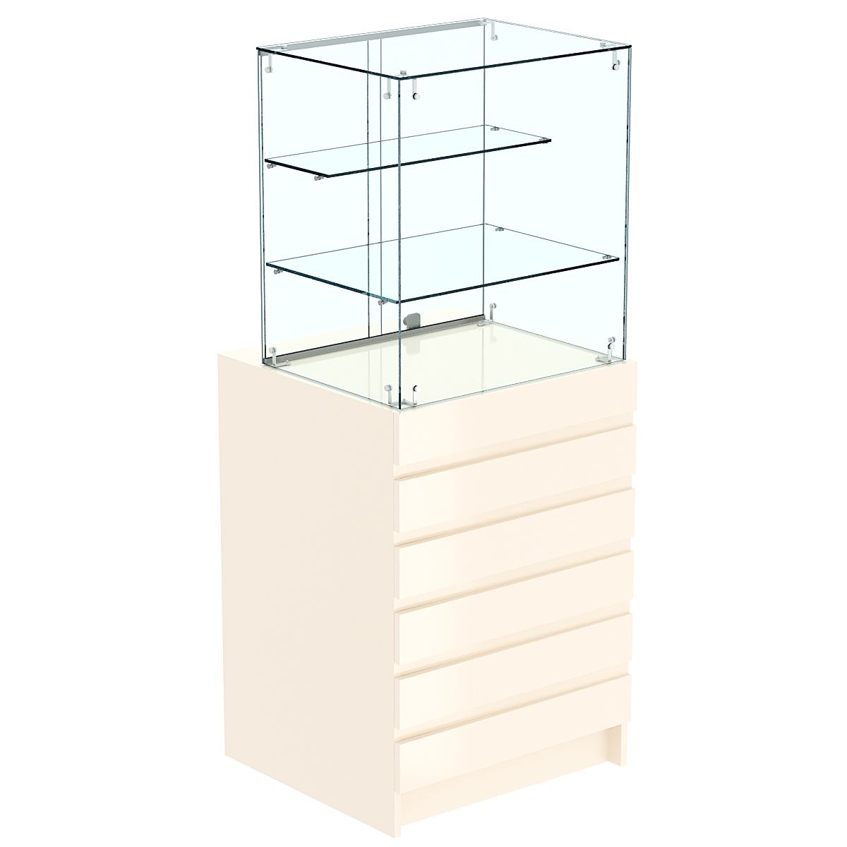 Торговый прилавок малый с двумя стеклянными полками и фасадными панелями №5Э-02 Крем Вайс