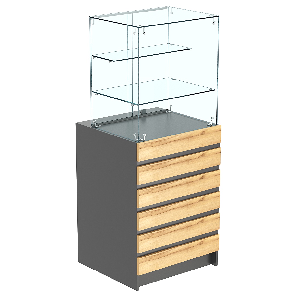 Торговый прилавок малый с двумя стеклянными полками и фасадными панелями №5Э-02 Темно-серый и Дуб Золотистый