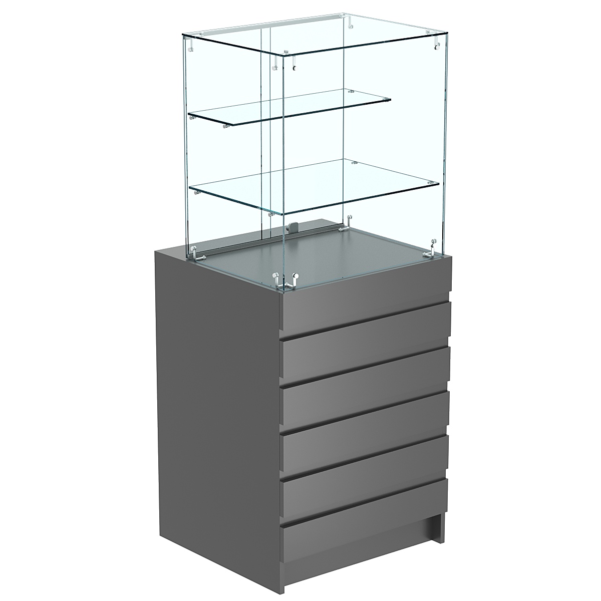 Торговый прилавок малый с двумя стеклянными полками и фасадными панелями №5Э-02 Темно-Серый