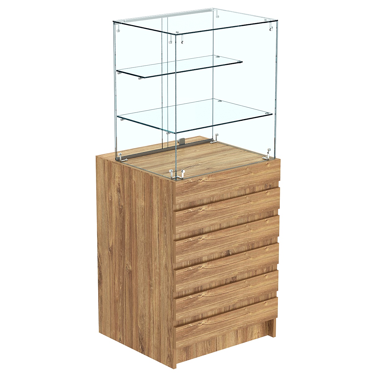 Торговый прилавок малый с двумя стеклянными полками и фасадными панелями №5Э-02 Дуб канзас коричневый Н1113 ST10