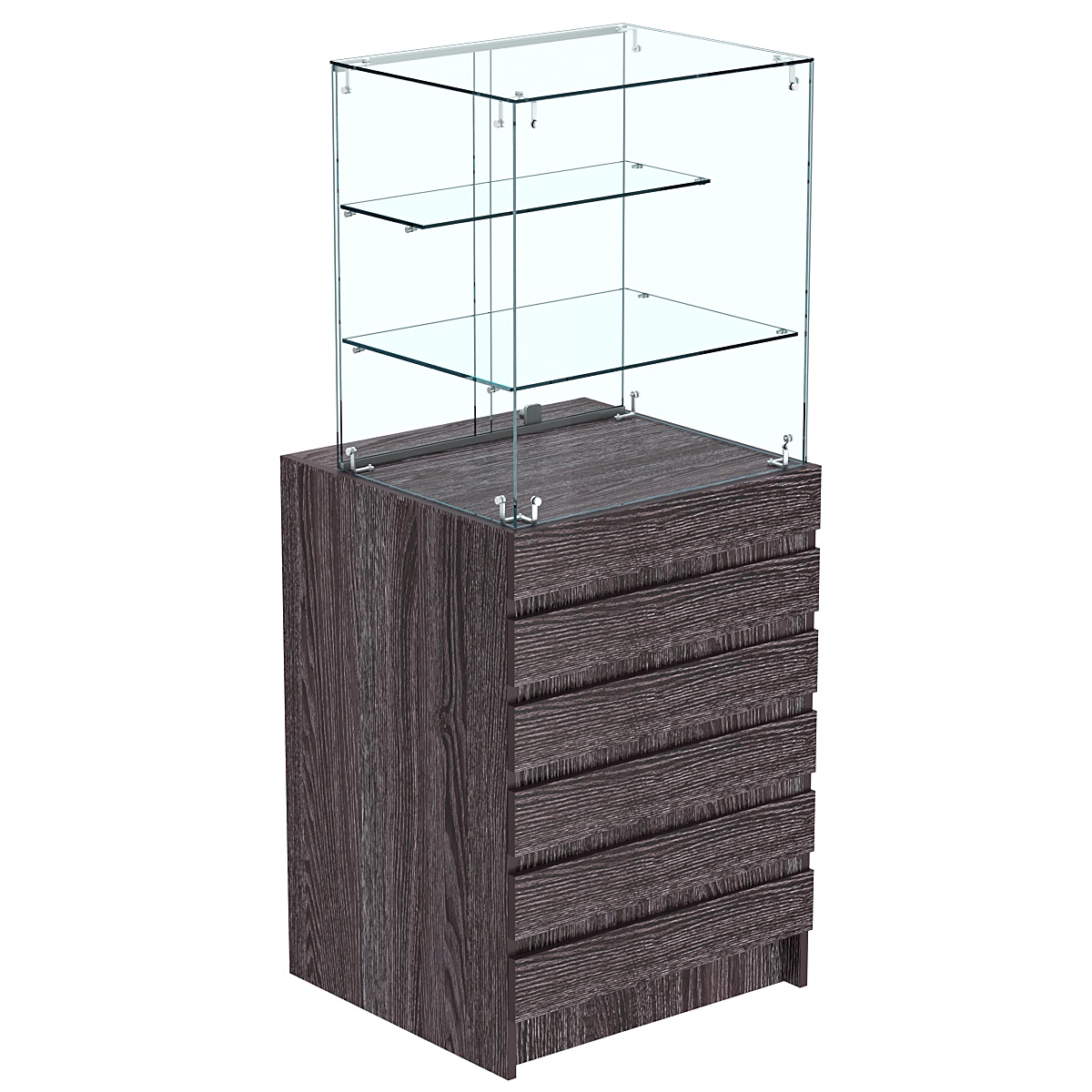 Торговый прилавок малый с двумя стеклянными полками и фасадными панелями №5Э-02 Ясень Анкор темный - U31105