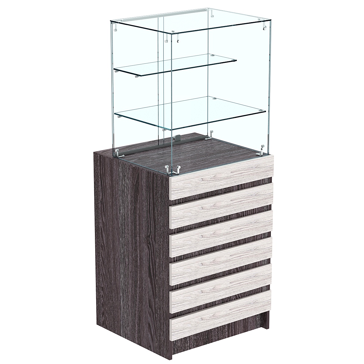 Торговый прилавок малый с двумя стеклянными полками и фасадными панелями №5Э-02 Ясень Анкор темный + Ясень Анкор светлый