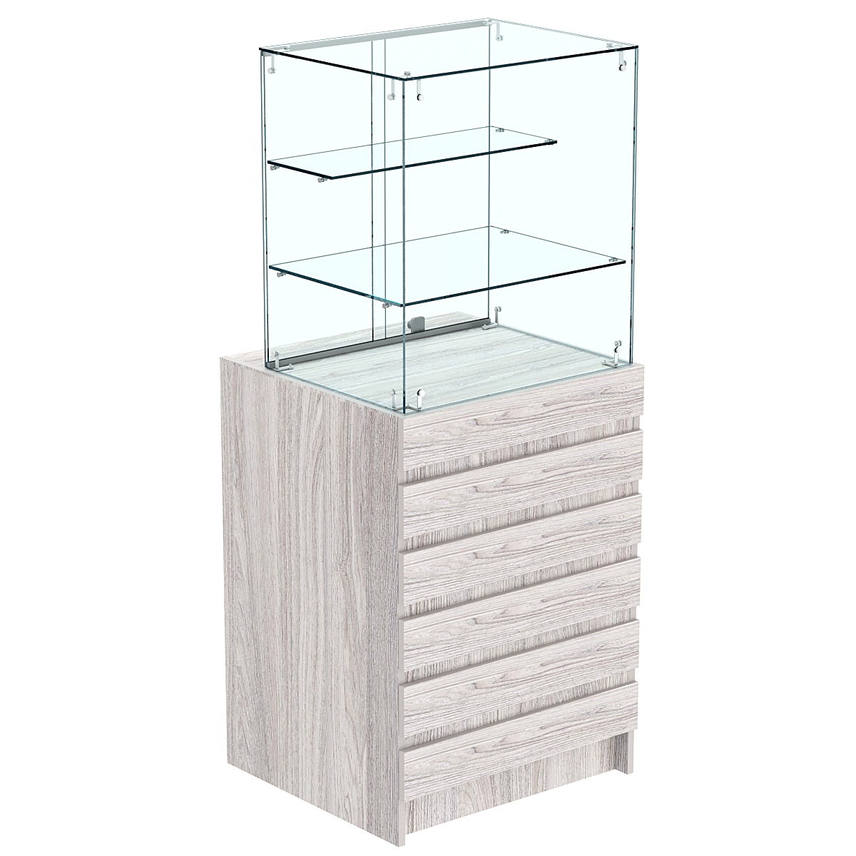 Торговый прилавок малый с двумя стеклянными полками и фасадными панелями №5Э-02 Ясень Анкор светлый - U31104