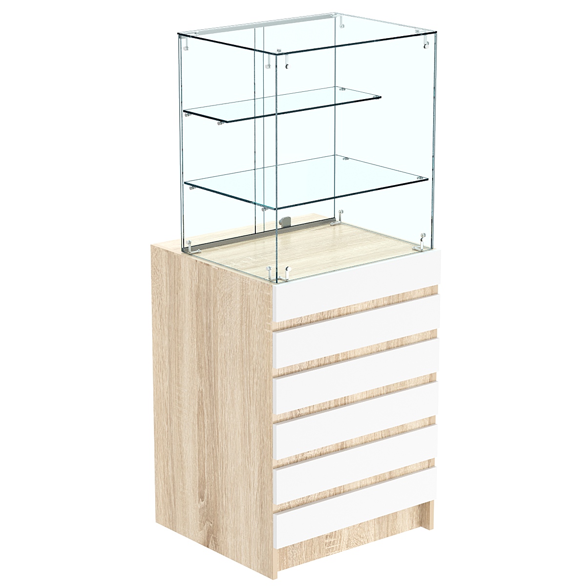 Торговый прилавок малый с двумя стеклянными полками и фасадными панелями №5Э-02 Дуб Сонома + Белый