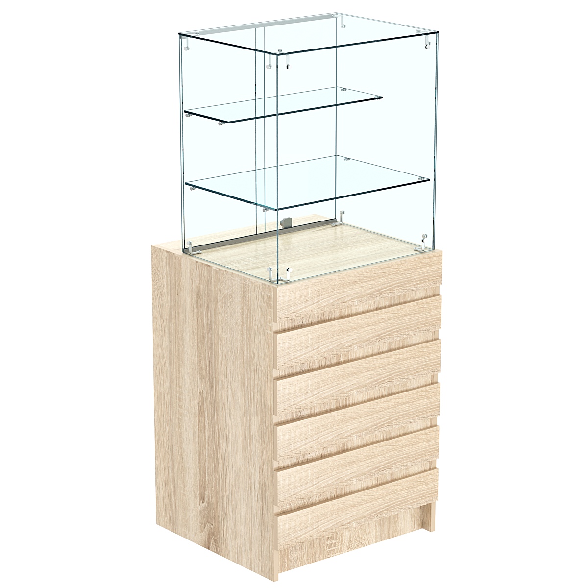 Торговый прилавок малый с двумя стеклянными полками и фасадными панелями №5Э-02 Дуб сонома