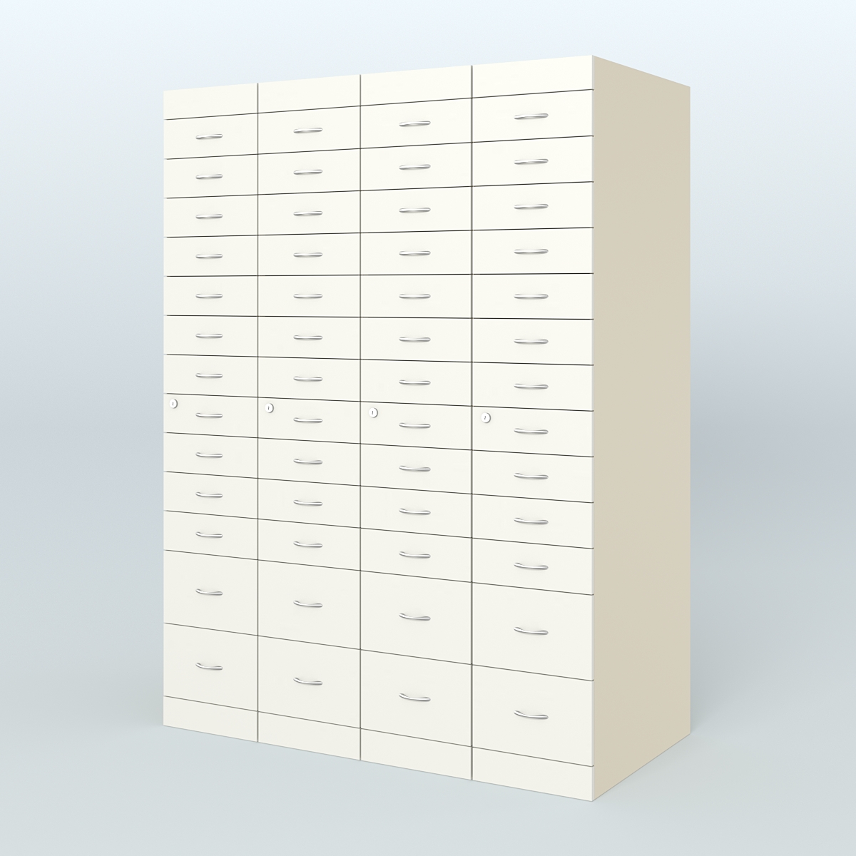 Рецептурный шкаф для аптек METACASE №4 глубиной 800 мм (52 ящика) Крем Вайс + Белый