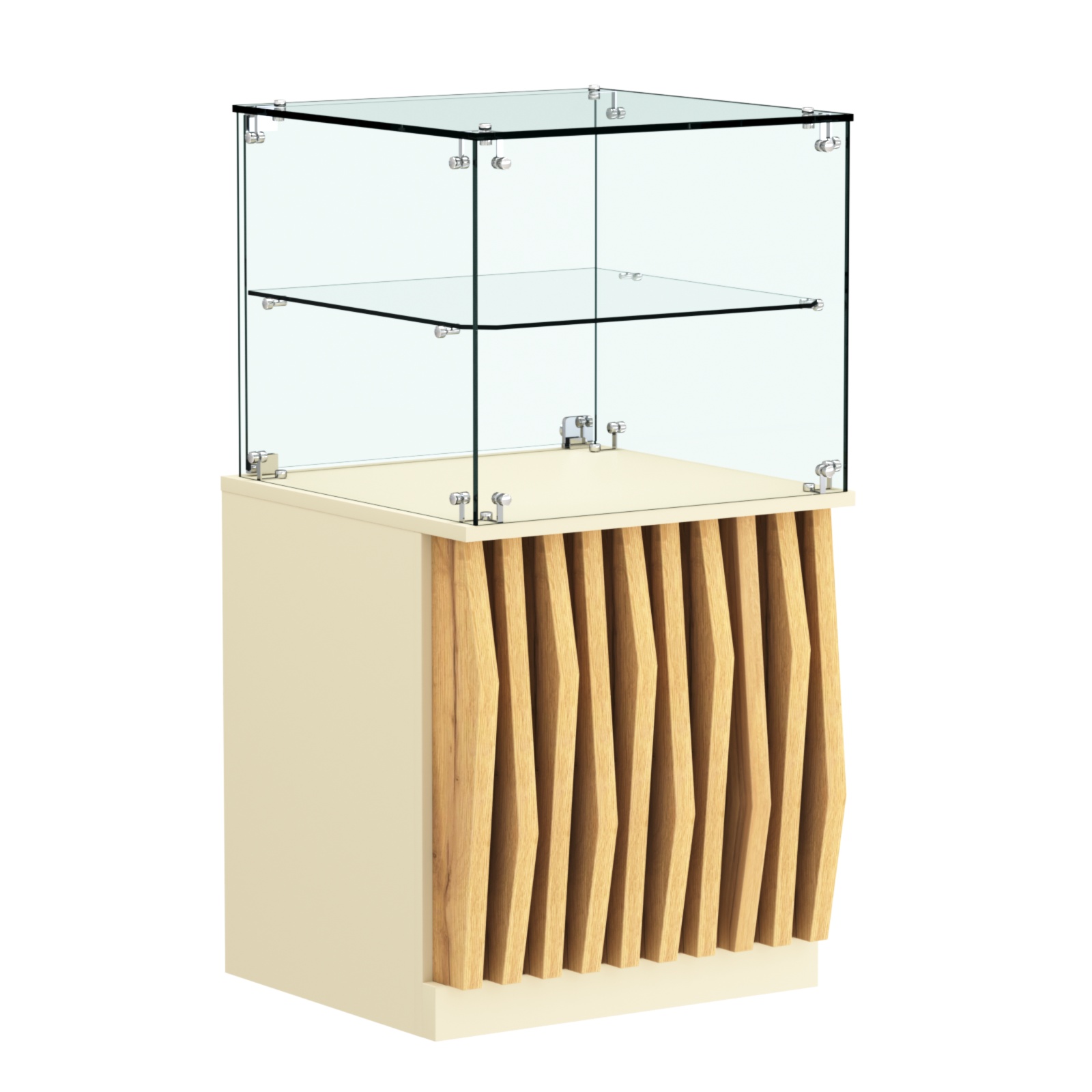 Торговый прилавок квадратный с планками и стеклянной полкой серии ОРНАМЕНТ №41 Крем Вайс и Дуб Золотистый