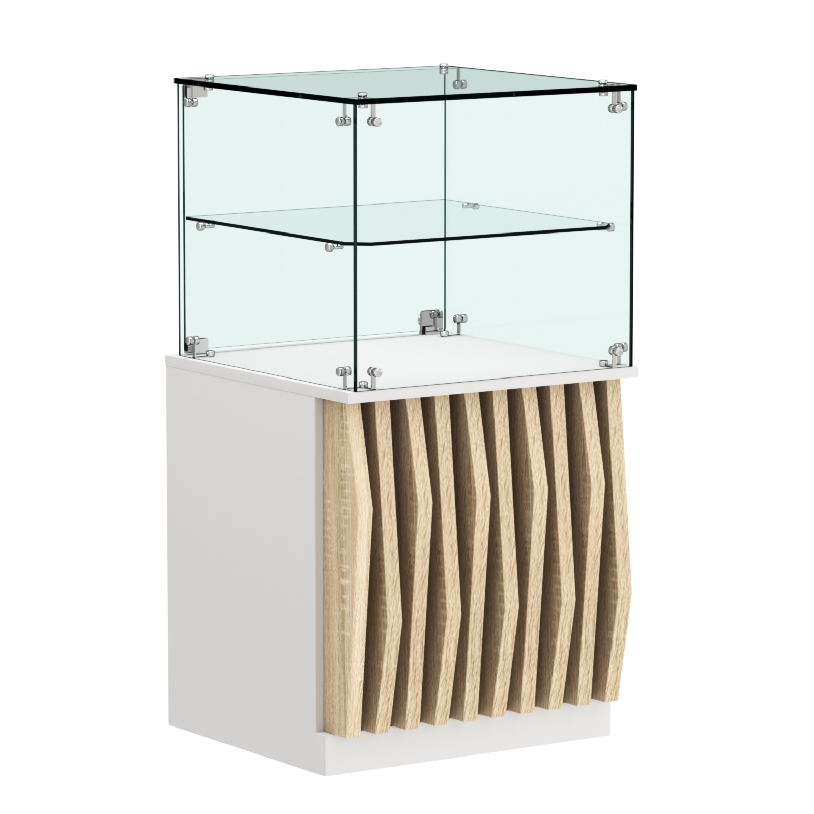 Торговый прилавок квадратный с планками и стеклянной полкой серии ОРНАМЕНТ №41 Белый + Дуб Сонома