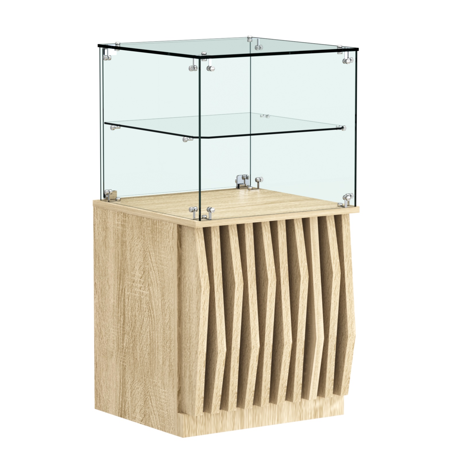 Торговый прилавок квадратный с планками и стеклянной полкой серии ОРНАМЕНТ №41 Дуб Сонома