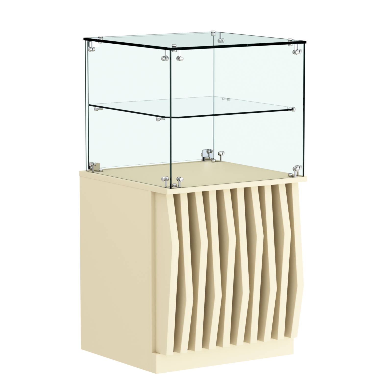 Торговый прилавок квадратный с планками и стеклянной полкой серии ОРНАМЕНТ №41 Крем Вайс