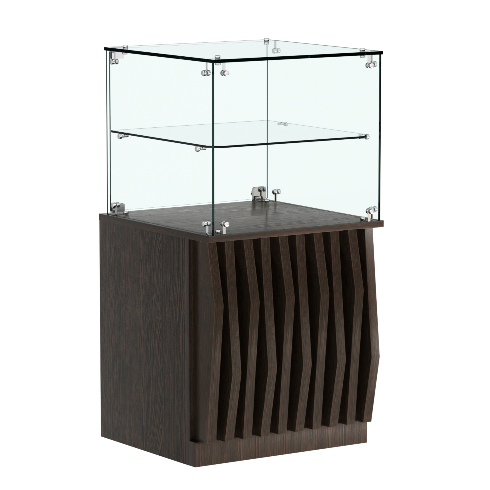 Торговый прилавок квадратный с планками и стеклянной полкой серии ОРНАМЕНТ №41 Дуб Венге