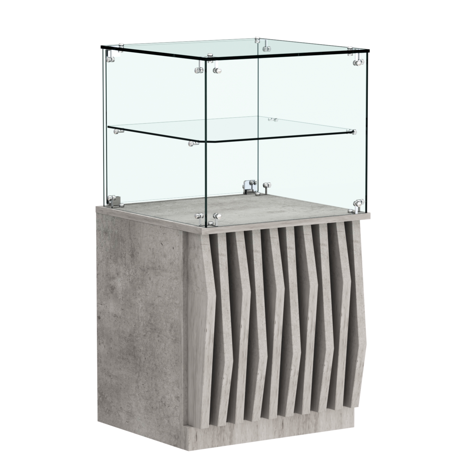 Торговый прилавок квадратный с планками и стеклянной полкой серии ОРНАМЕНТ №41 Бетон Чикаго светло-серый F186 ST9