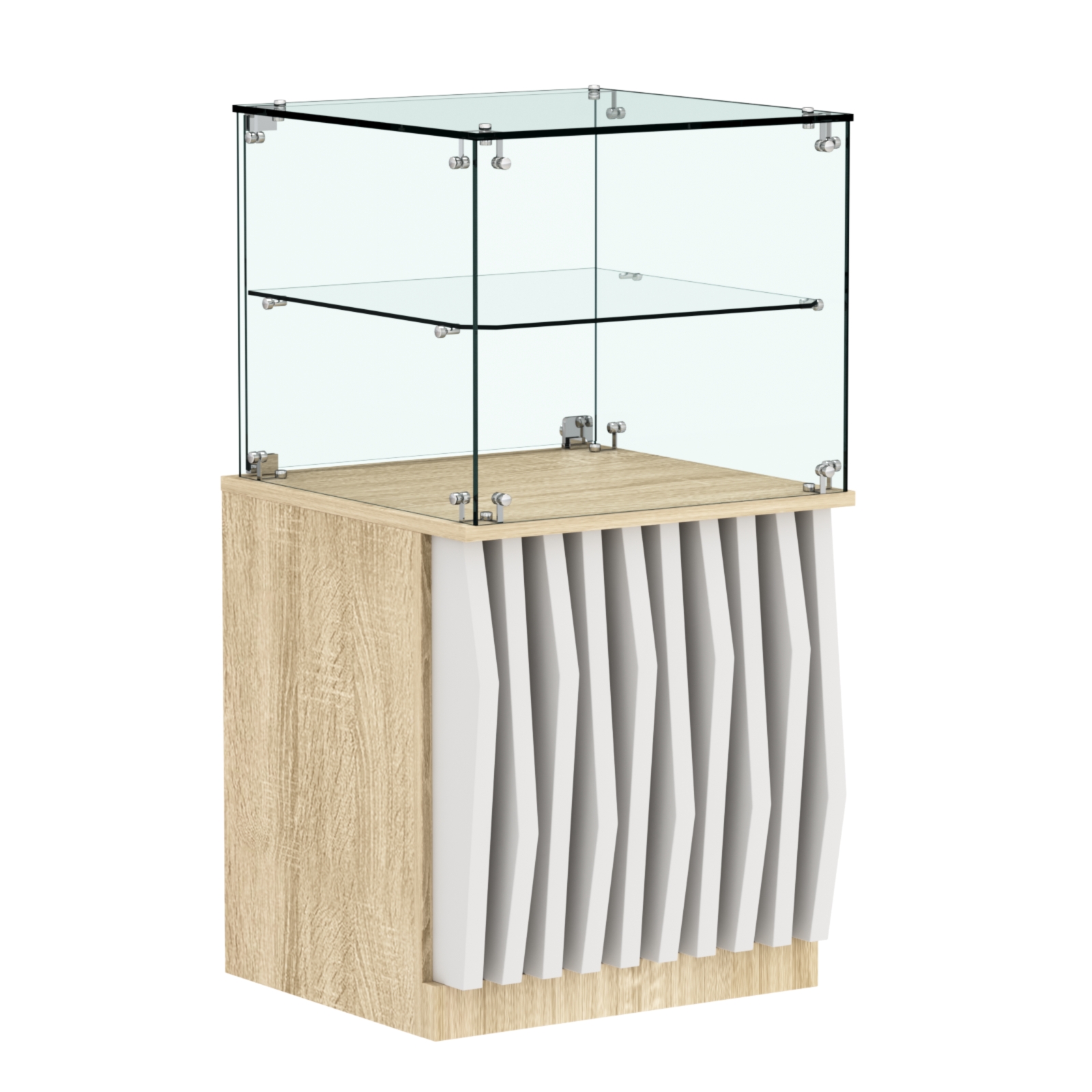 Торговый прилавок квадратный с планками и стеклянной полкой серии ОРНАМЕНТ №41 Дуб Сонома + Белый