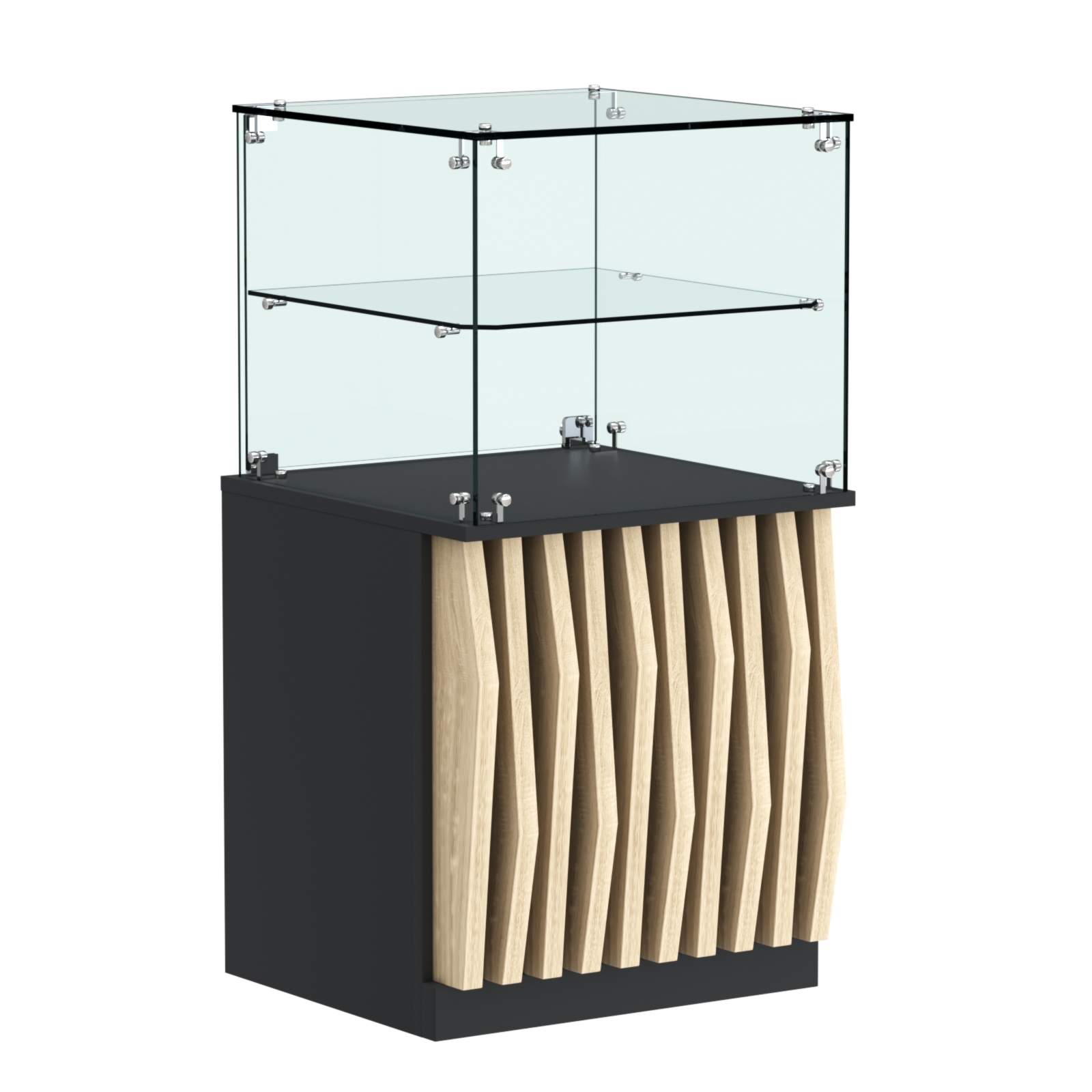 Торговый прилавок квадратный с планками и стеклянной полкой серии ОРНАМЕНТ №41 Черный + Дуб Сонома