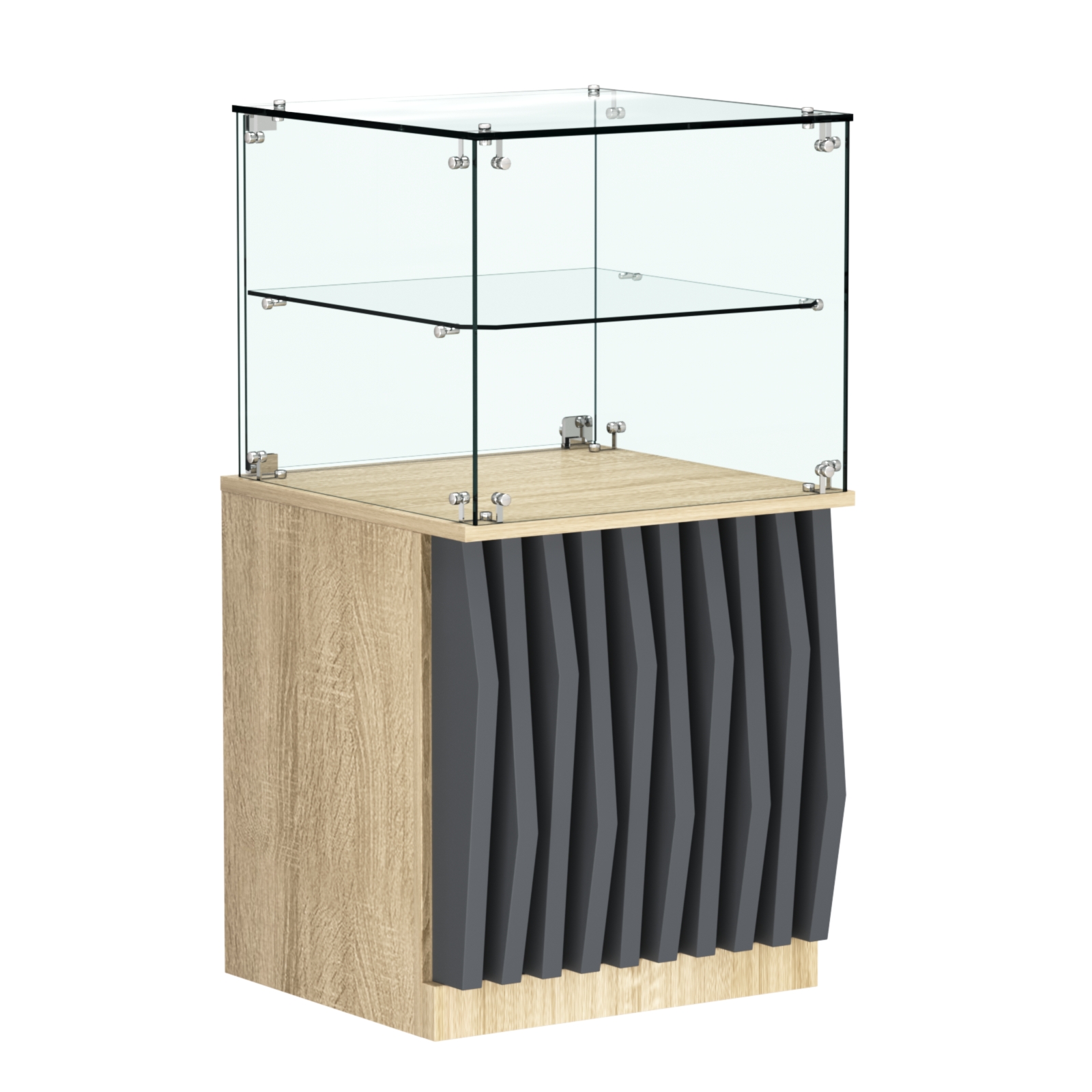 Торговый прилавок квадратный с планками и стеклянной полкой серии ОРНАМЕНТ №41 Дуб Сонома и Темно-Серый 5-U2601