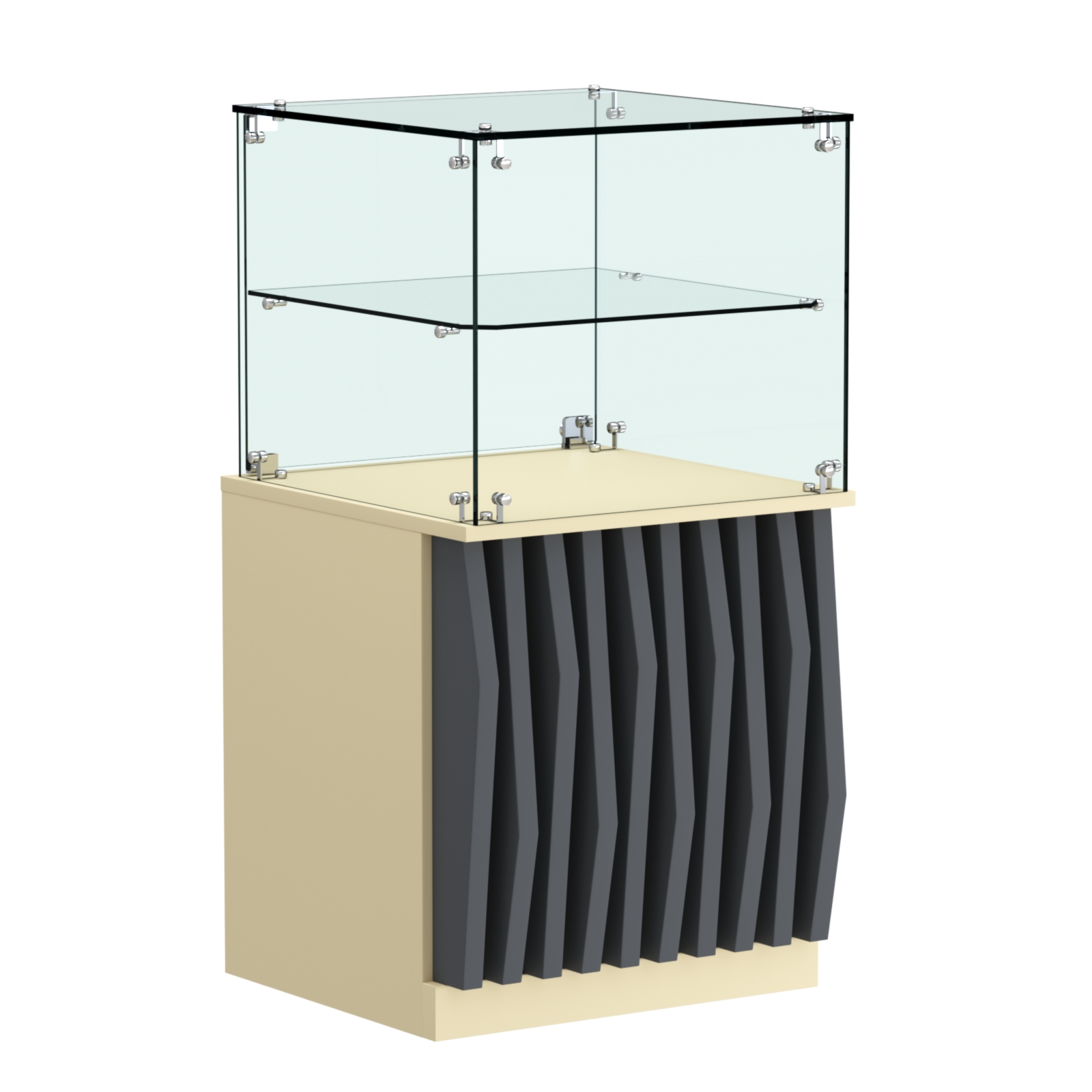 Торговый прилавок квадратный с планками и стеклянной полкой серии ОРНАМЕНТ №41 Крем Вайс и Темно Серый U2236-U2601