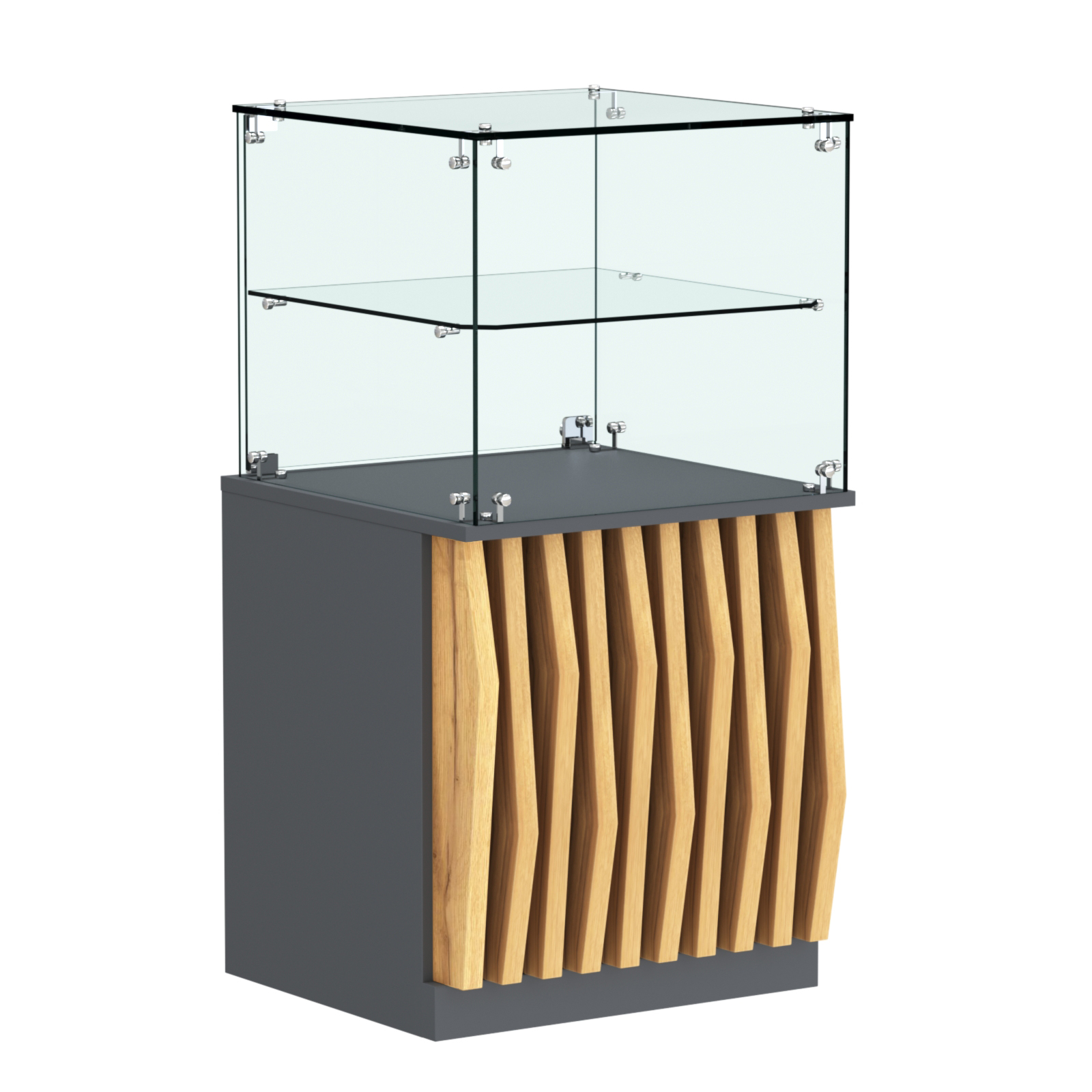 Торговый прилавок квадратный с планками и стеклянной полкой серии ОРНАМЕНТ №41 Темно-Серый  + Дуб Золотистый