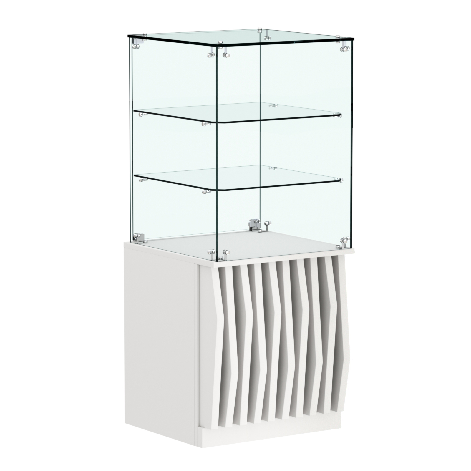 Торговый прилавок квадратный с планками и двумя стеклянными полками серии ОРНАМЕНТ №42 Белый