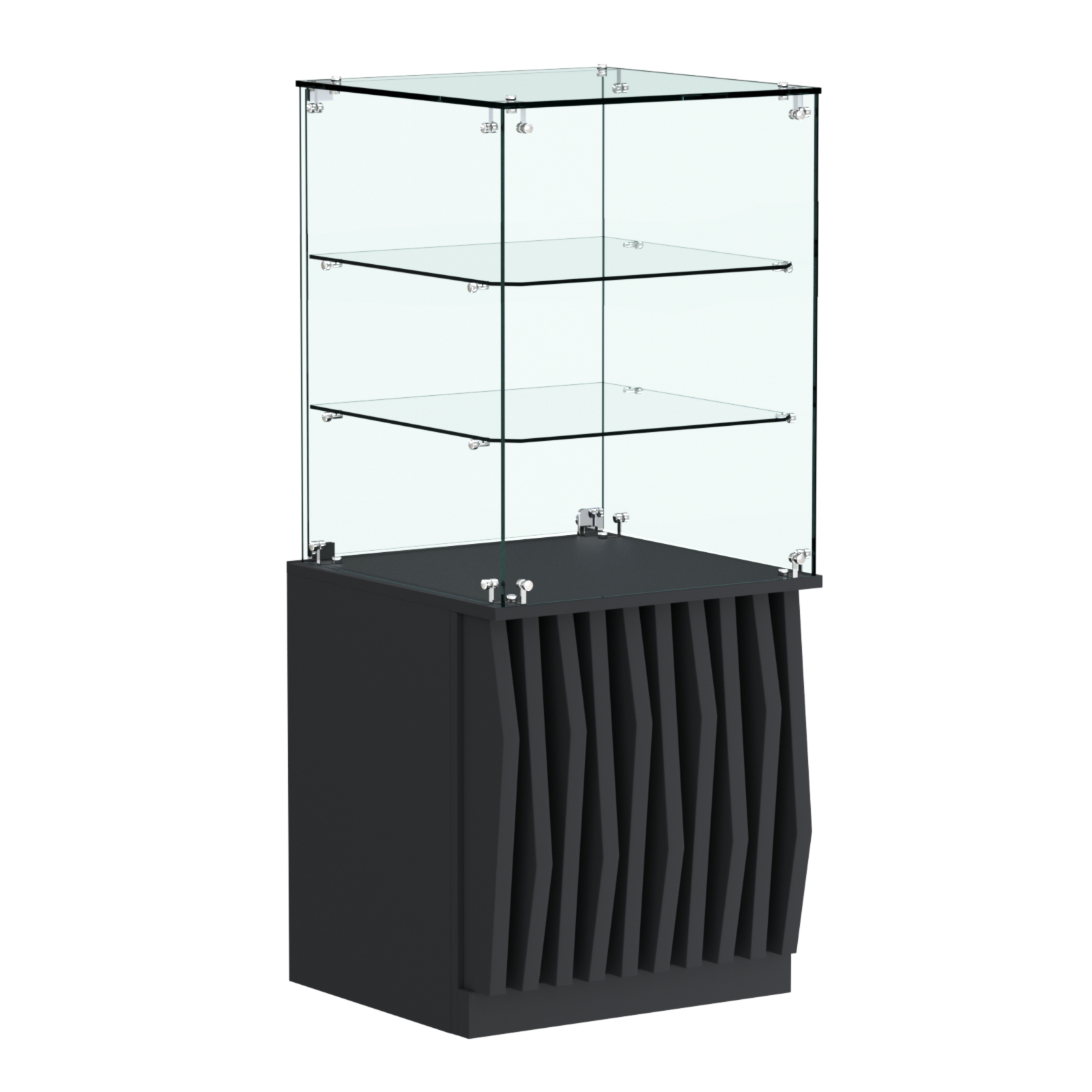 Торговый прилавок квадратный с планками и двумя стеклянными полками серии ОРНАМЕНТ №42 Черный