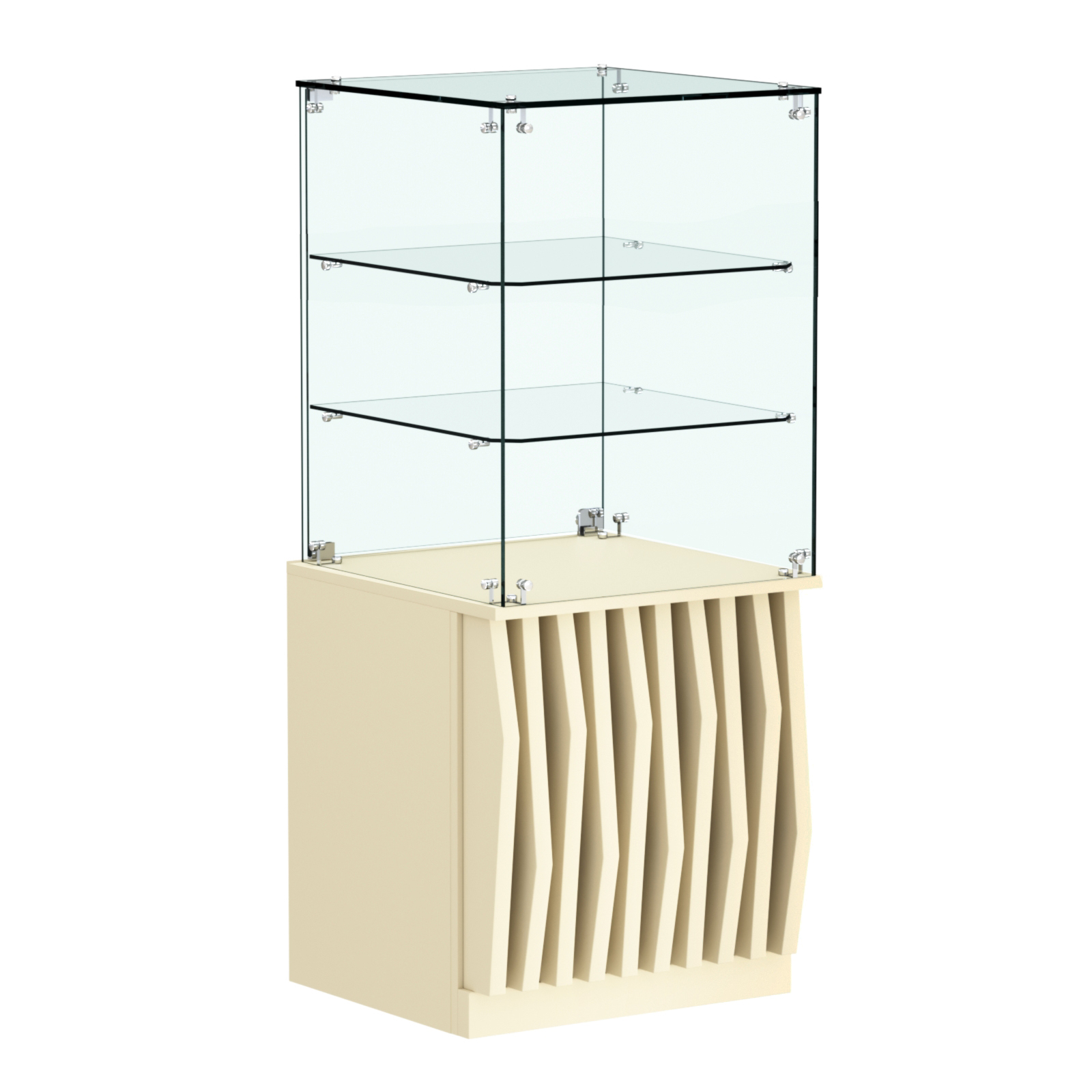 Торговый прилавок квадратный с планками и двумя стеклянными полками серии ОРНАМЕНТ №42 Крем Вайс