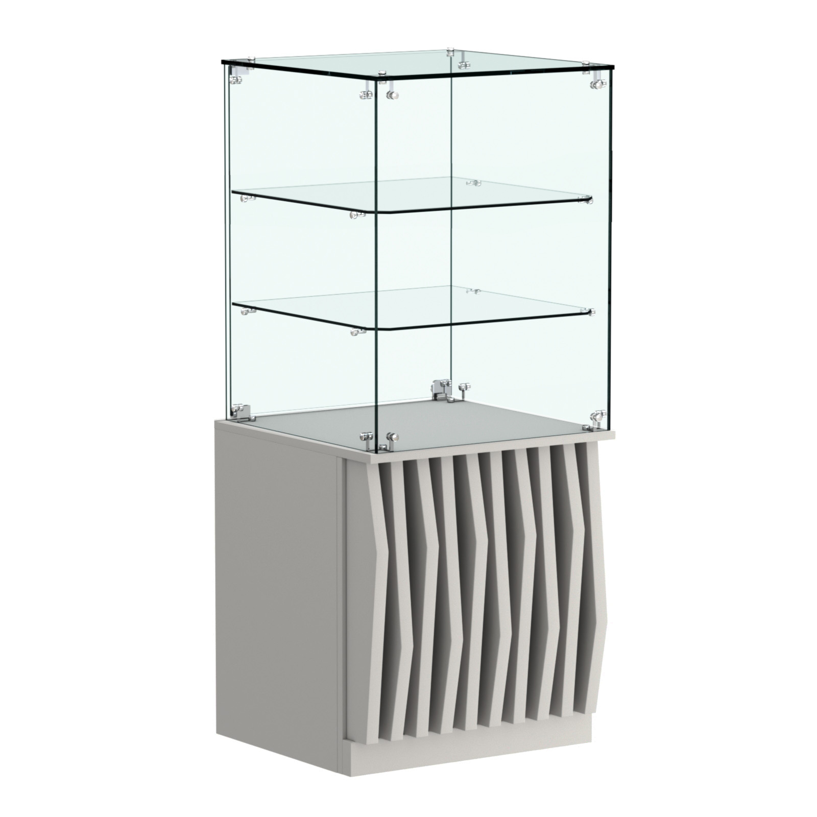 Торговый прилавок квадратный с планками и двумя стеклянными полками серии ОРНАМЕНТ №42 Серый