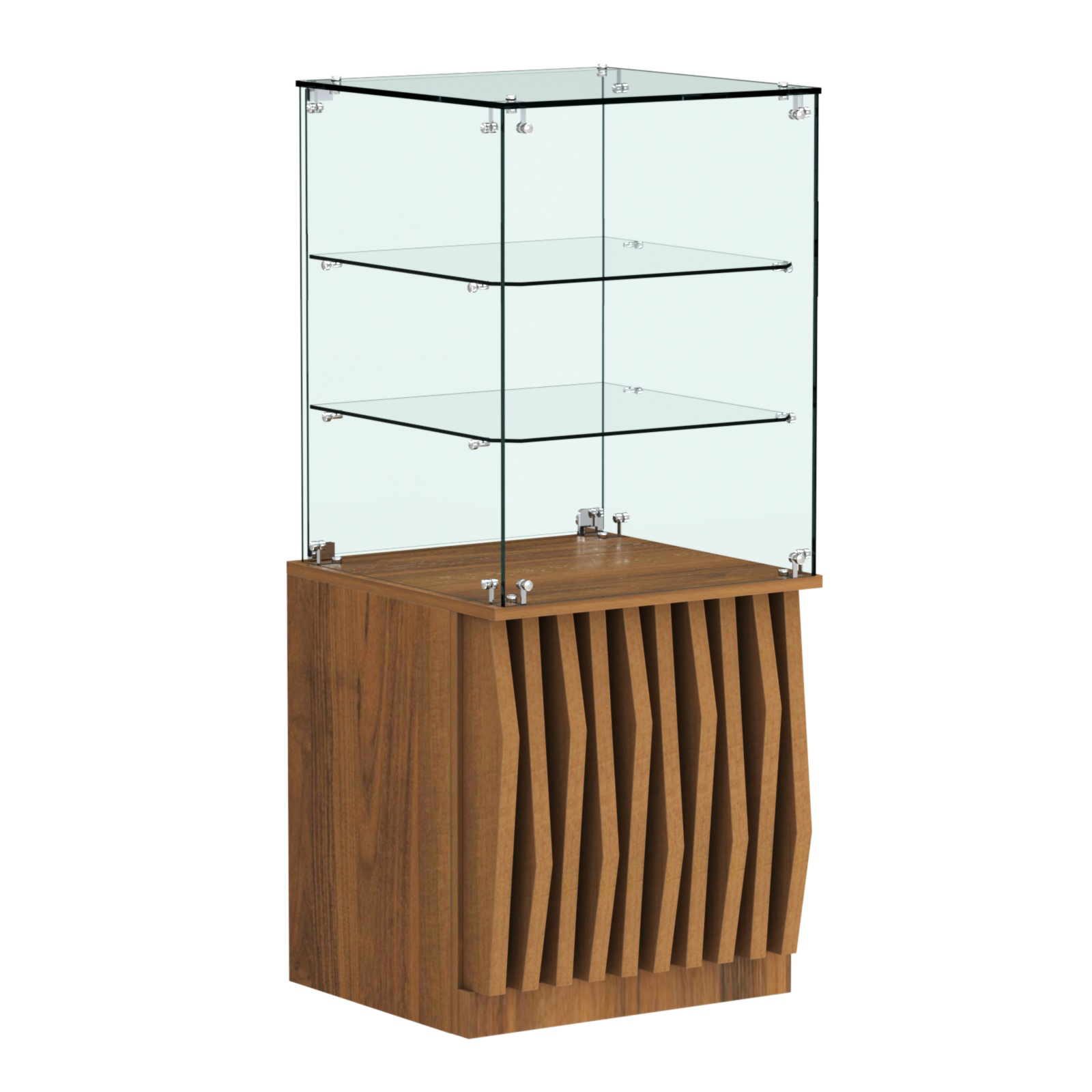 Торговый прилавок квадратный с планками и двумя стеклянными полками серии ОРНАМЕНТ №42 Орех