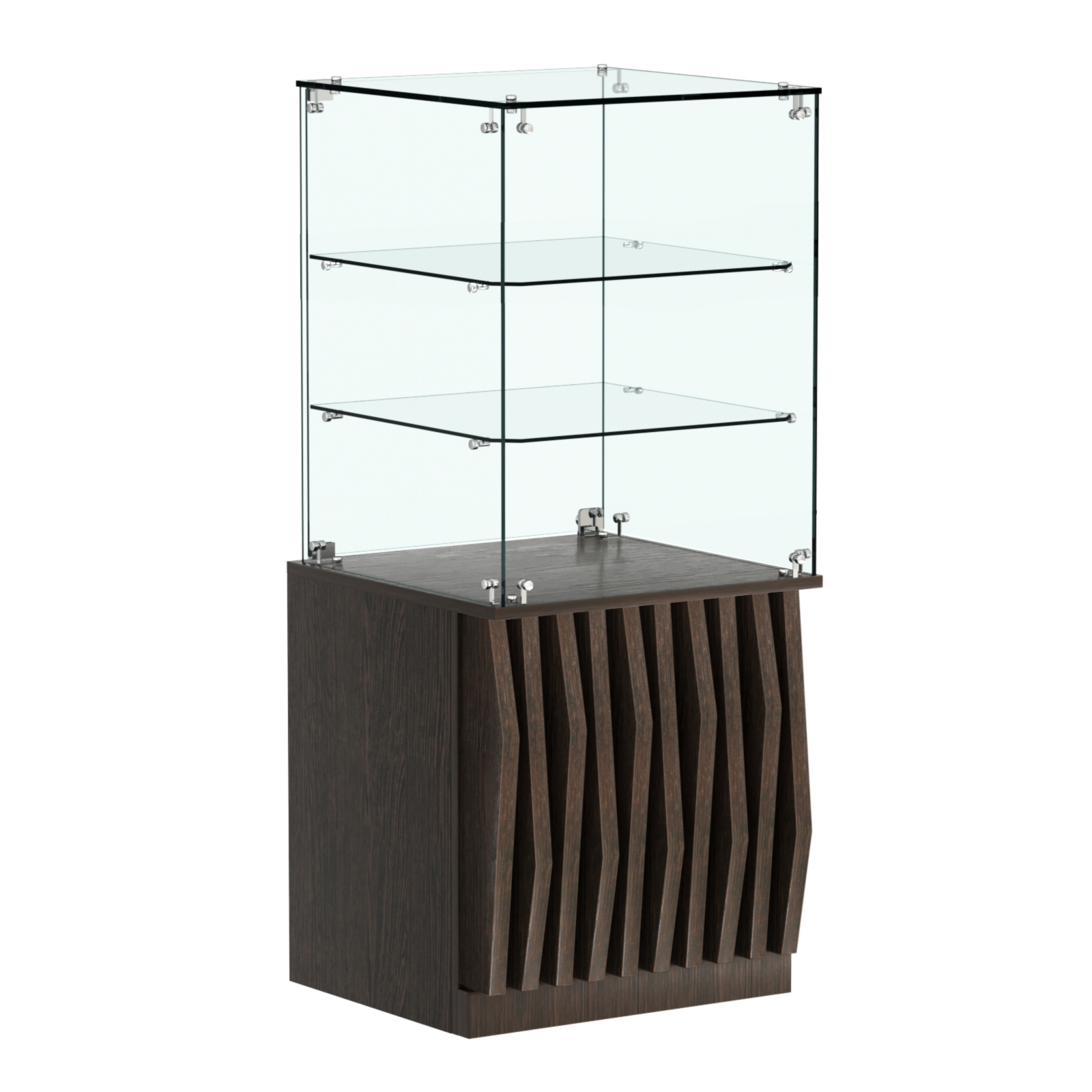 Торговый прилавок квадратный с планками и двумя стеклянными полками серии ОРНАМЕНТ №42 Дуб Венге