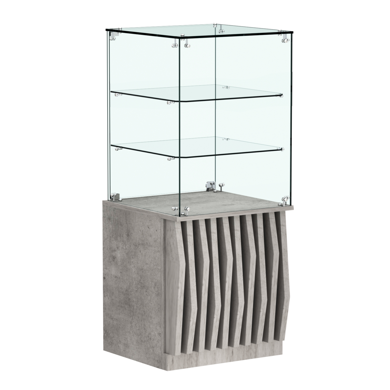 Торговый прилавок квадратный с планками и двумя стеклянными полками серии ОРНАМЕНТ №42 Бетон Чикаго светло-серый F186 ST9