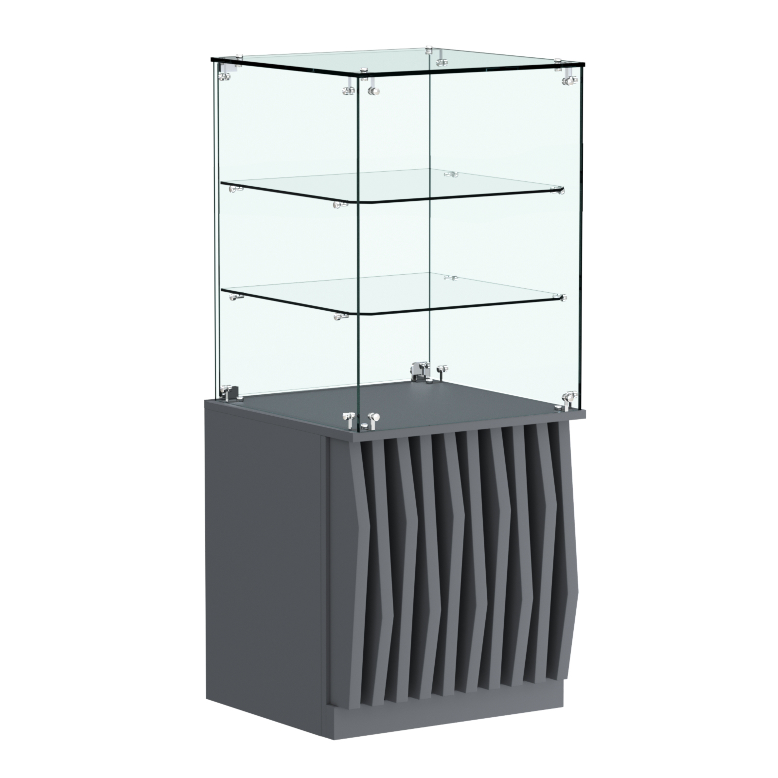 Торговый прилавок квадратный с планками и двумя стеклянными полками серии ОРНАМЕНТ №42 Темно-Серый