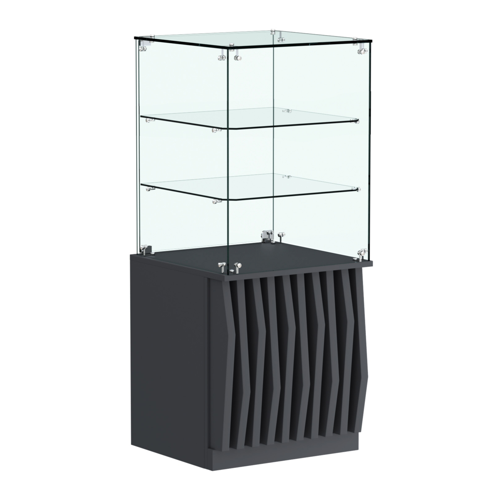 Торговый прилавок квадратный с планками и двумя стеклянными полками серии ОРНАМЕНТ №42 Антрацит