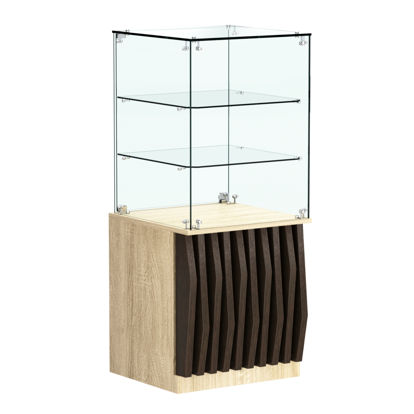 Торговый прилавок квадратный с планками и двумя стеклянными полками серии ОРНАМЕНТ №42 Дуб Сонома + Дуб Венге