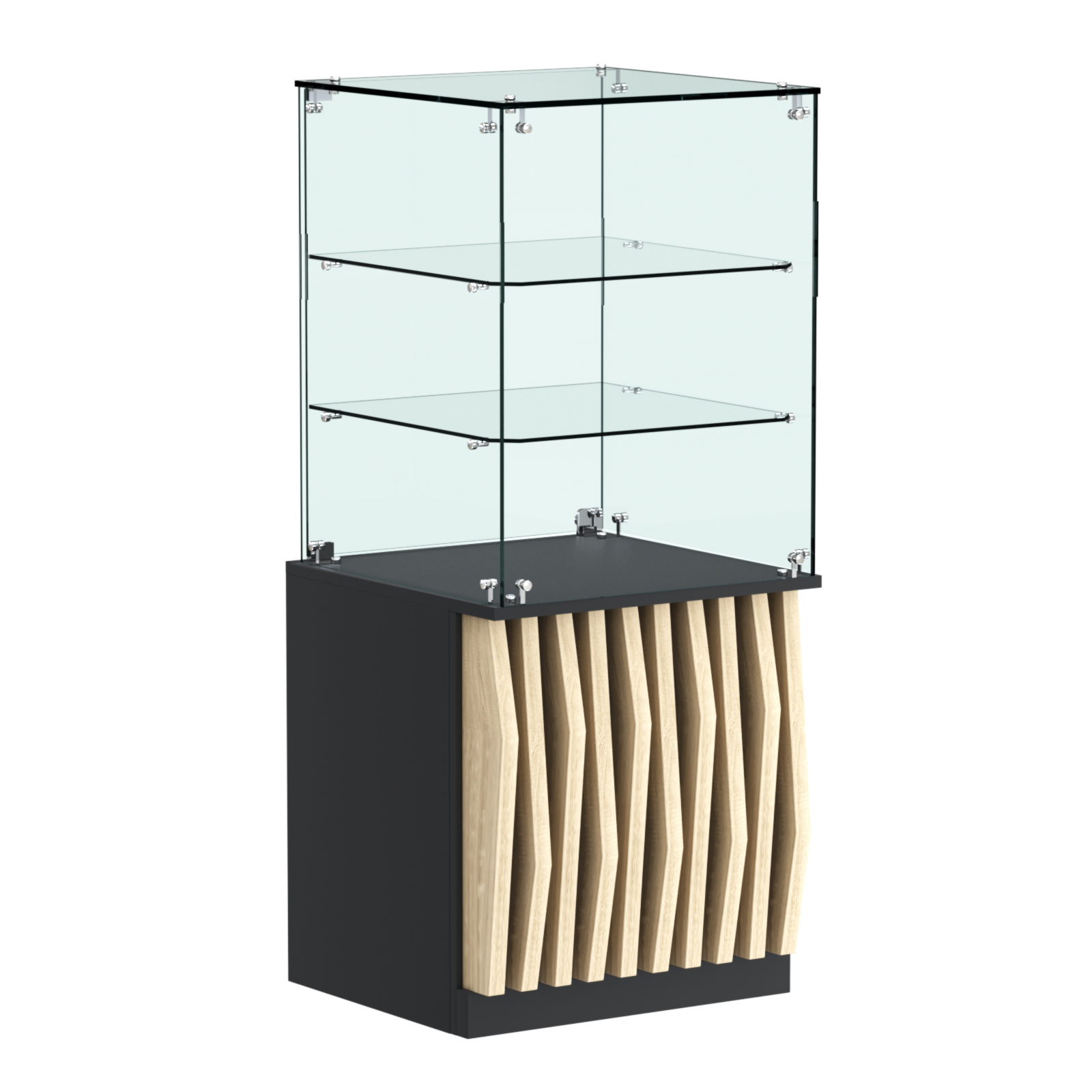 Торговый прилавок квадратный с планками и двумя стеклянными полками серии ОРНАМЕНТ №42 Черный + Дуб Сонома