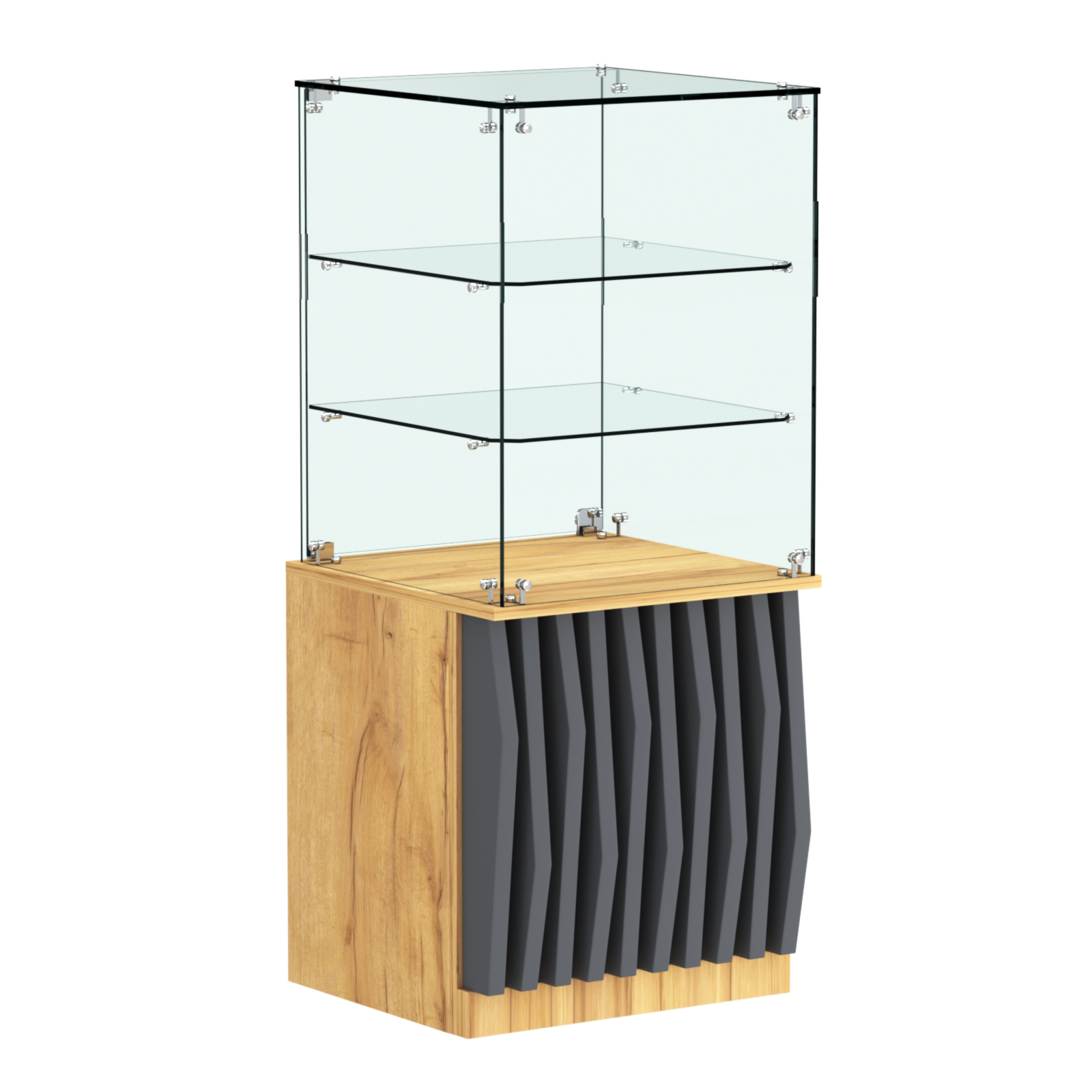 Торговый прилавок квадратный с планками и двумя стеклянными полками серии ОРНАМЕНТ №42 Дуб Золотистый и Темно-Серый