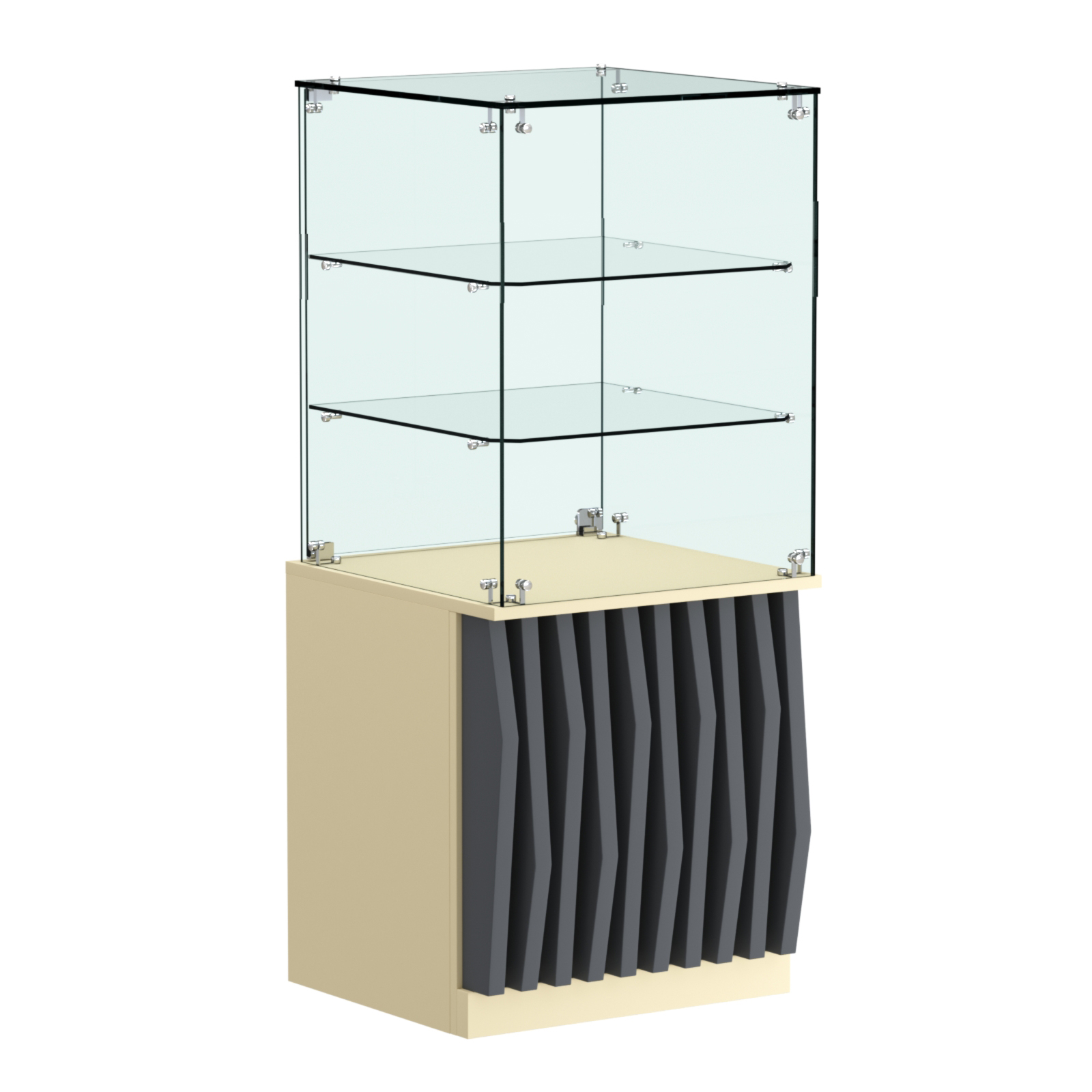 Торговый прилавок квадратный с планками и двумя стеклянными полками серии ОРНАМЕНТ №42 Крем Вайс и Темно Серый U2236-U2601