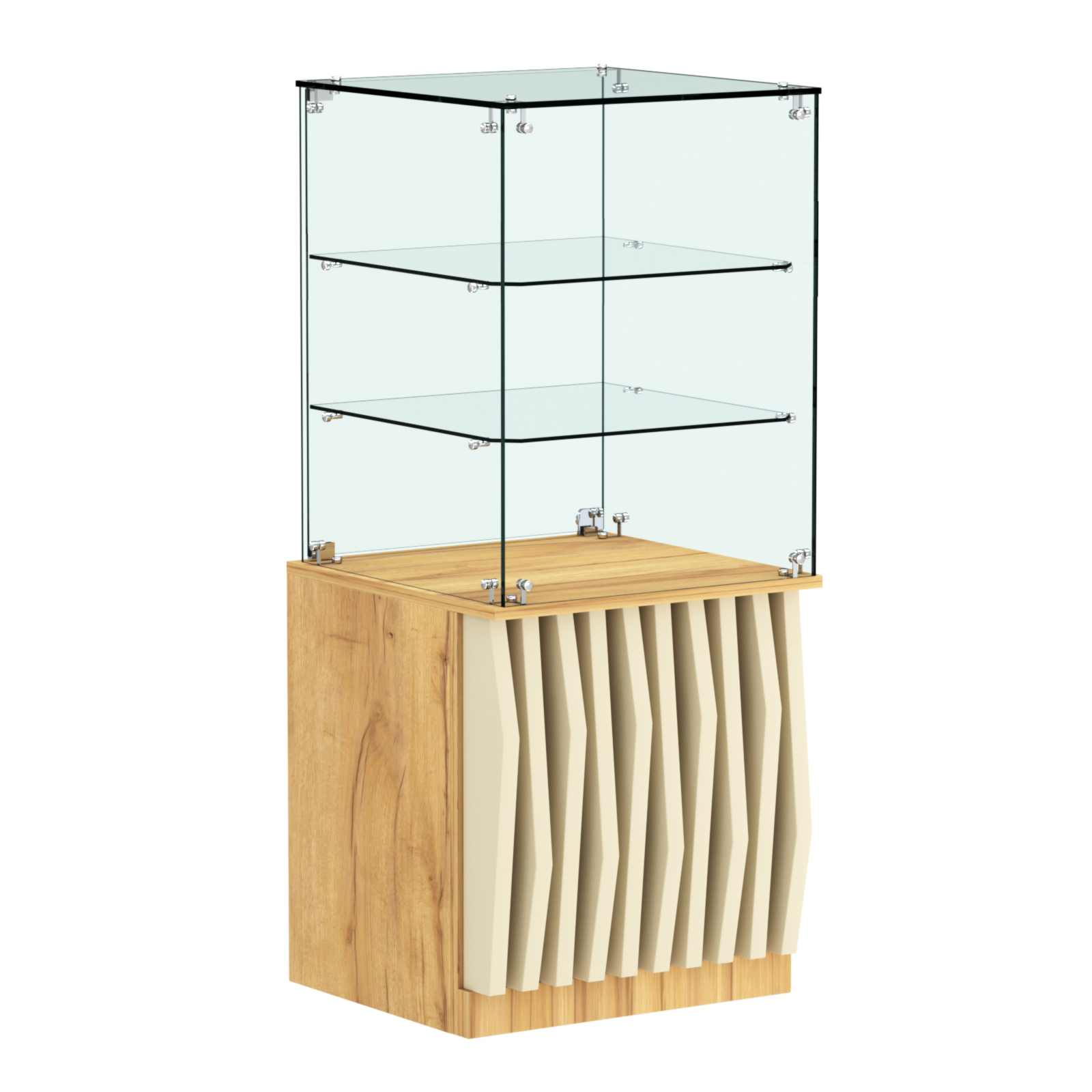 Торговый прилавок квадратный с планками и двумя стеклянными полками серии ОРНАМЕНТ №42 Дуб Золотистый и Крем Вайс