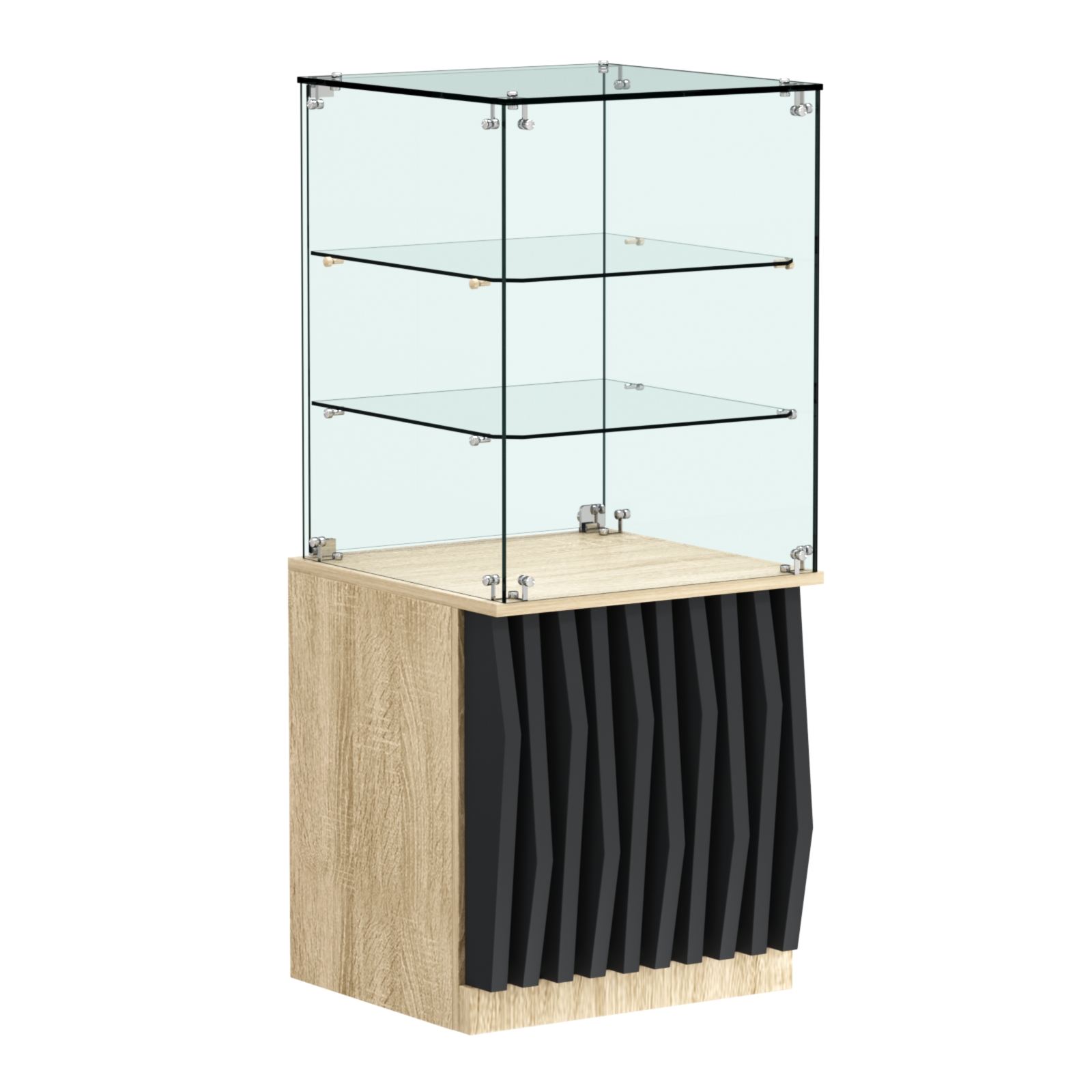 Торговый прилавок квадратный с планками и двумя стеклянными полками серии ОРНАМЕНТ №42 Дуб сонома, Черный