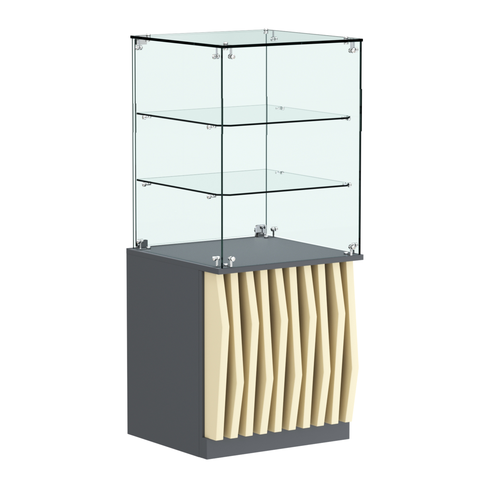 Торговый прилавок квадратный с планками и двумя стеклянными полками серии ОРНАМЕНТ №42 Темно-серый + Крем Вайс