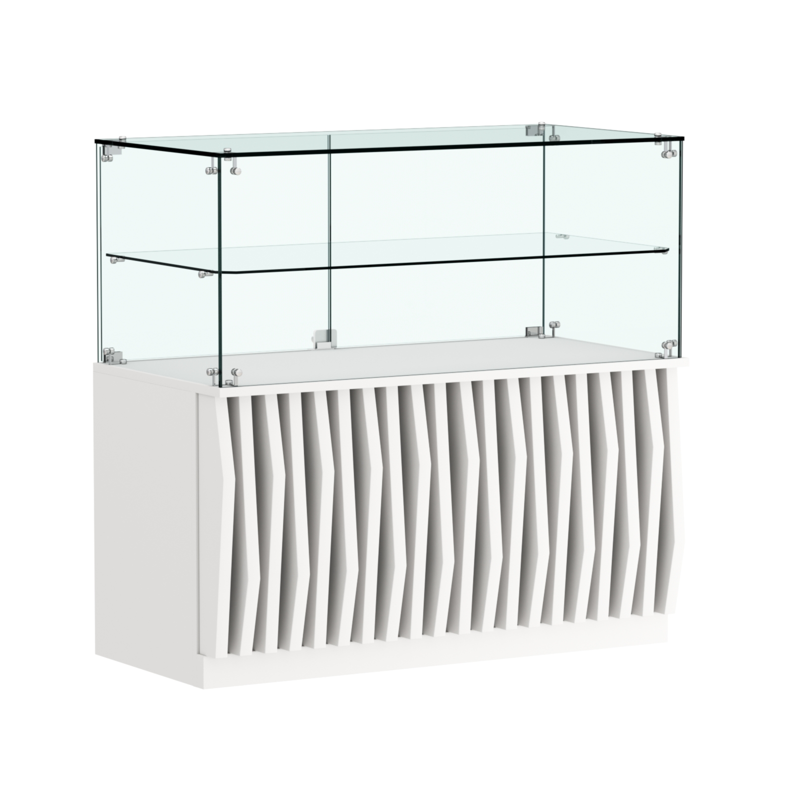 Торговый прилавок прямоугольный с планками и стеклянной полкой серии ОРНАМЕНТ №31 Белый