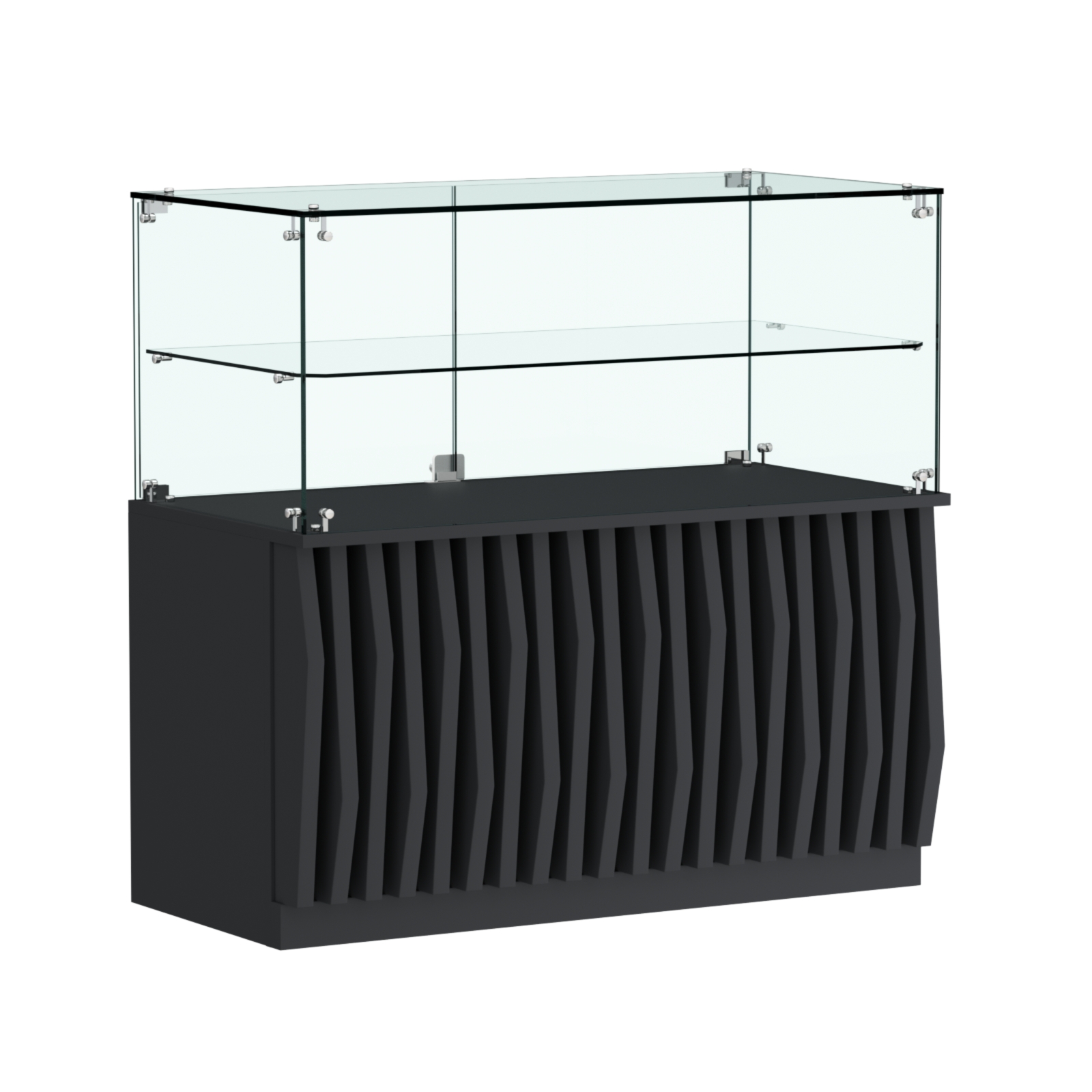 Торговый прилавок прямоугольный с планками и стеклянной полкой серии ОРНАМЕНТ №31 Черный