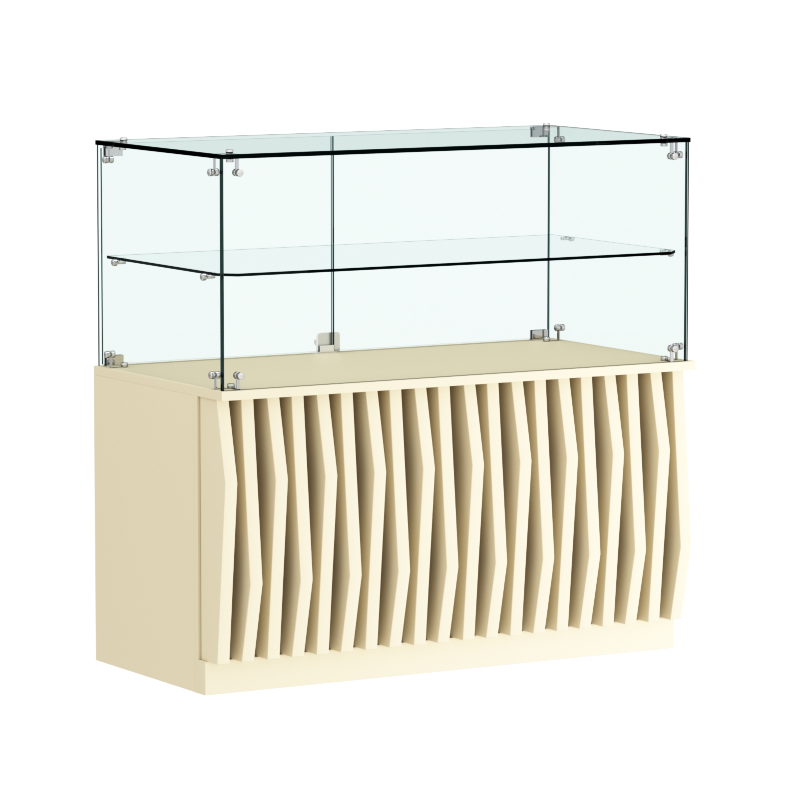 Торговый прилавок прямоугольный с планками и стеклянной полкой серии ОРНАМЕНТ №31 Крем Вайс