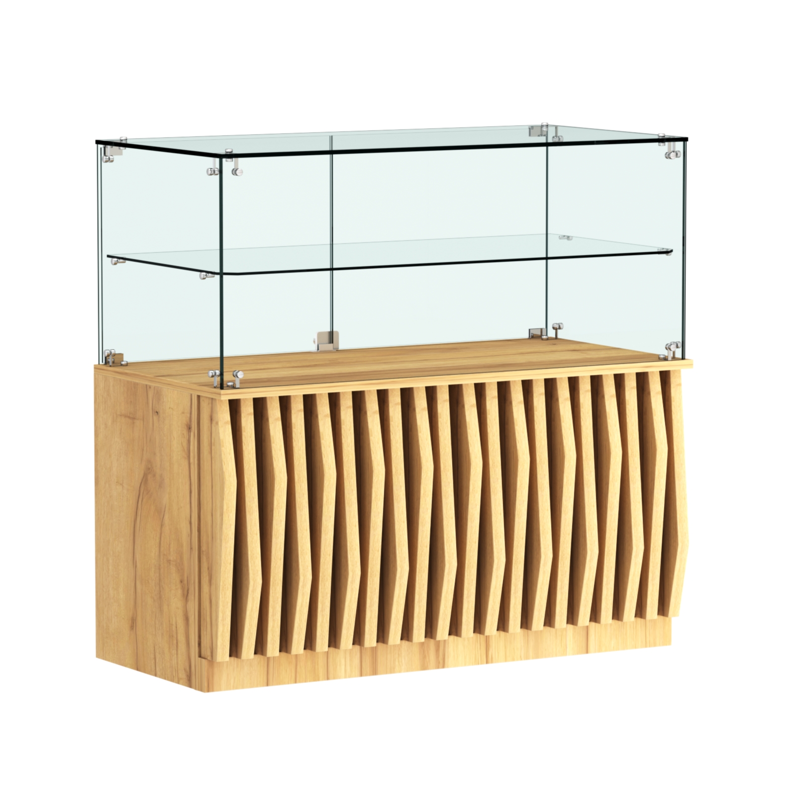 Торговый прилавок прямоугольный с планками и стеклянной полкой серии ОРНАМЕНТ №31 Дуб Золотистый