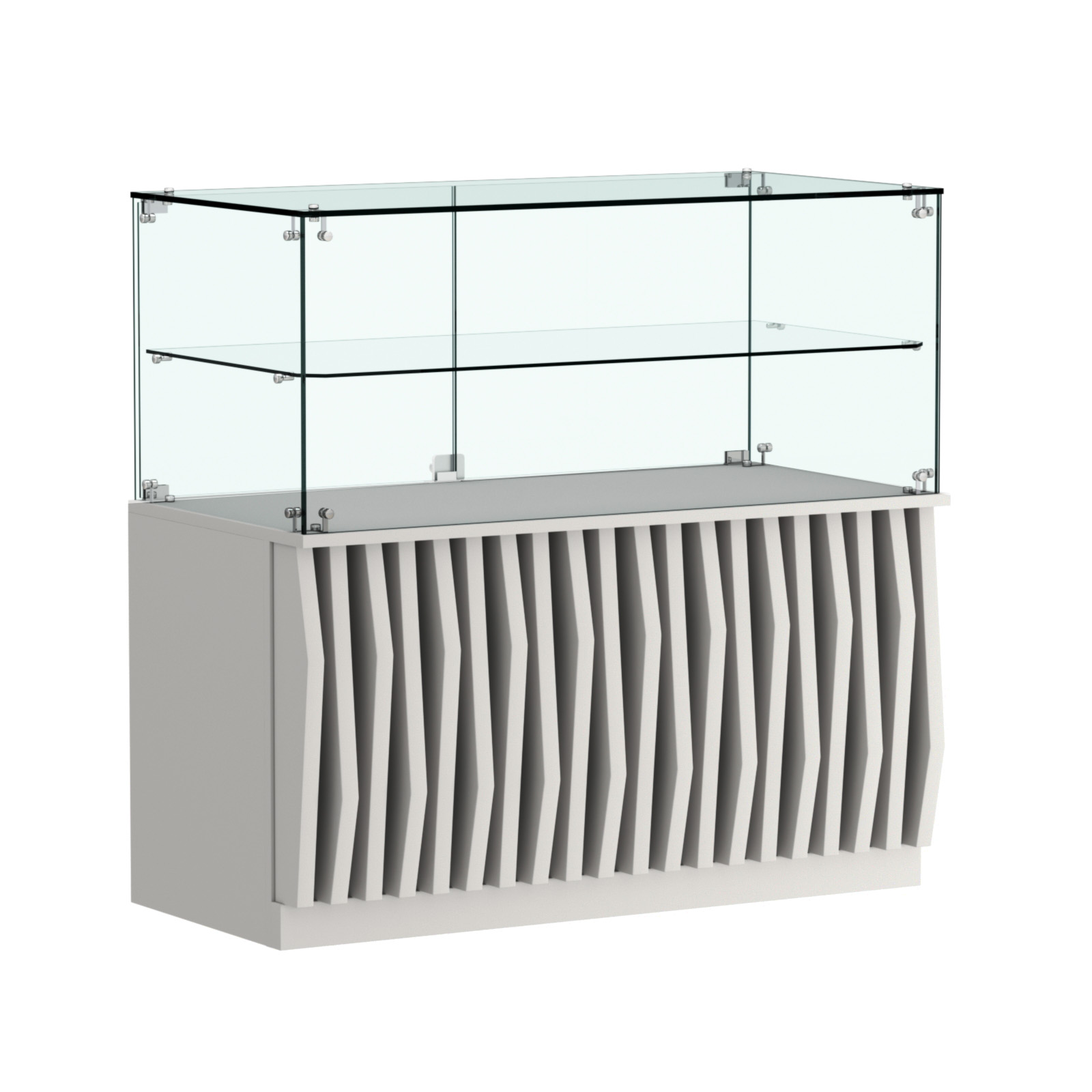 Торговый прилавок прямоугольный с планками и стеклянной полкой серии ОРНАМЕНТ №31 Серый