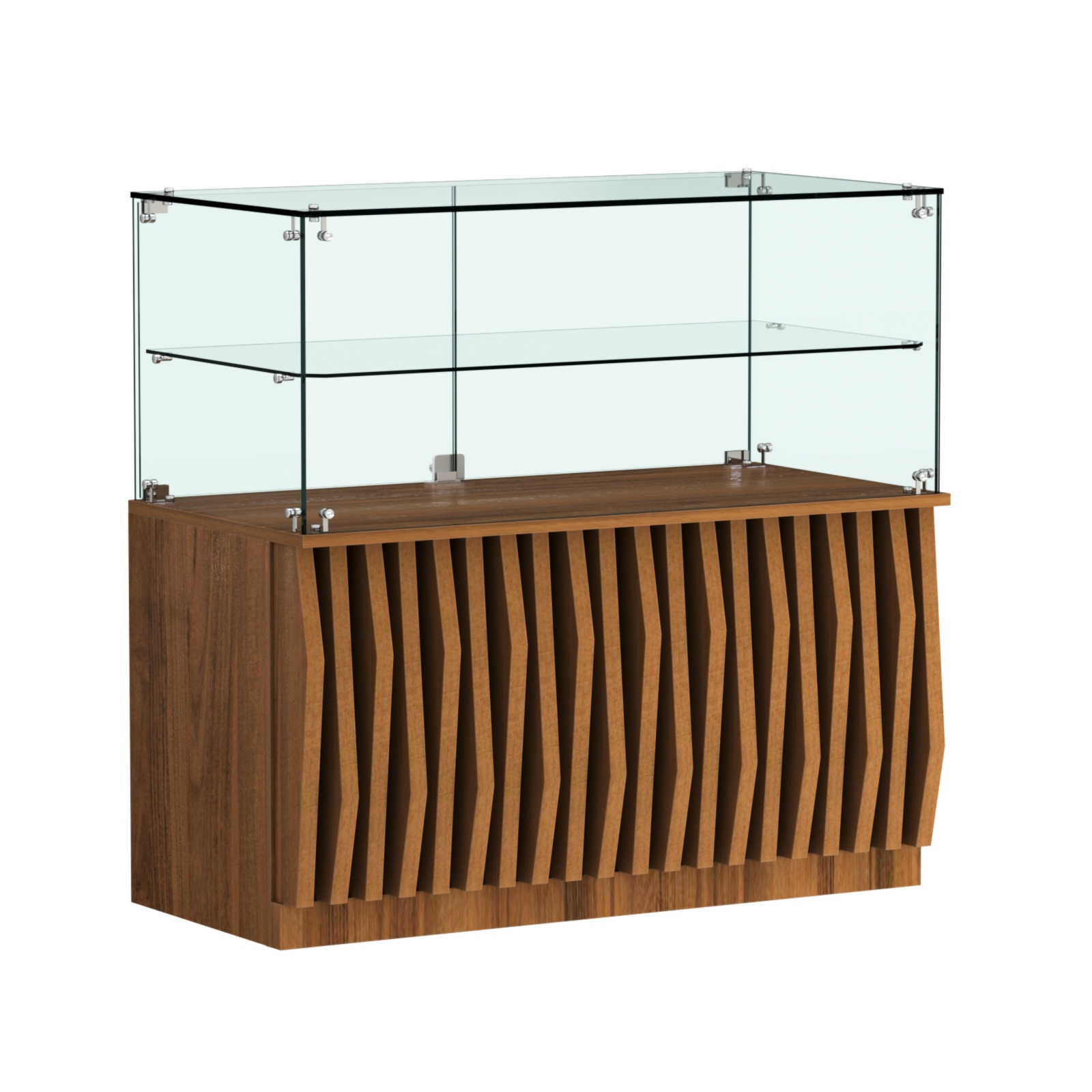 Торговый прилавок прямоугольный с планками и стеклянной полкой серии ОРНАМЕНТ №31 Орех