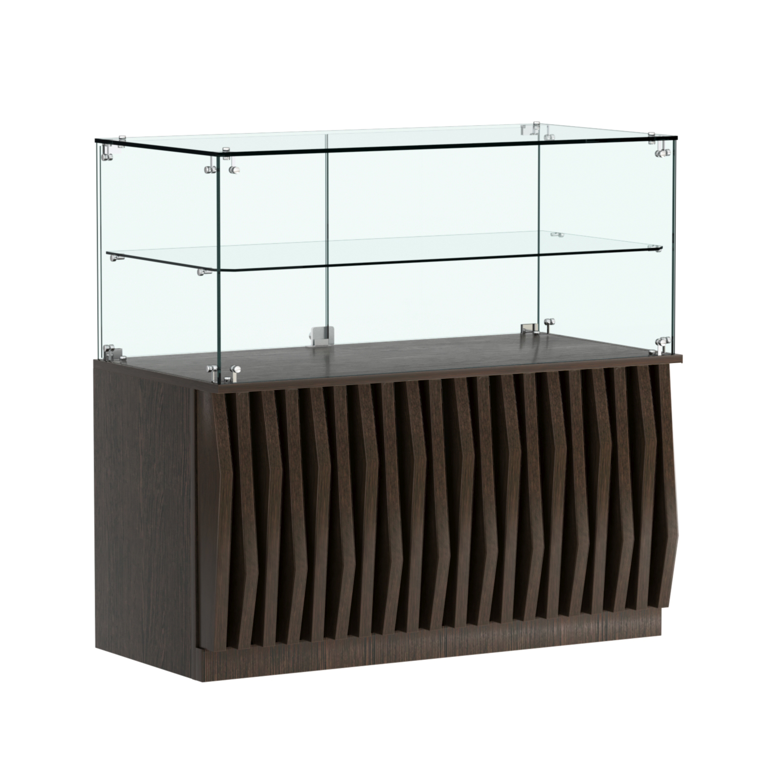Торговый прилавок прямоугольный с планками и стеклянной полкой серии ОРНАМЕНТ №31 Дуб Венге