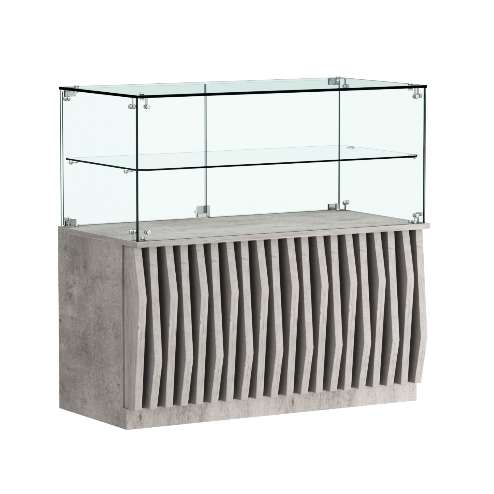 Торговый прилавок прямоугольный с планками и стеклянной полкой серии ОРНАМЕНТ №31 Бетон Чикаго светло-серый F186 ST9
