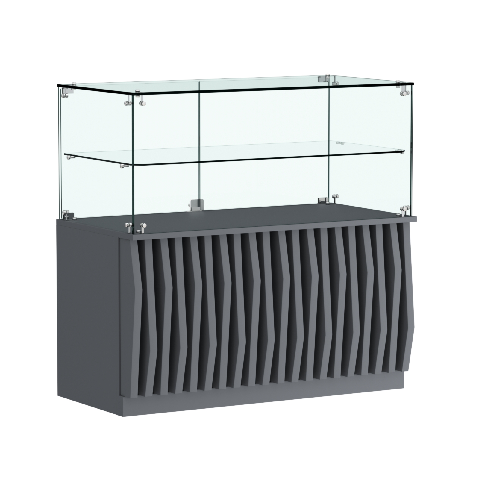 Торговый прилавок прямоугольный с планками и стеклянной полкой серии ОРНАМЕНТ №31 Темно-Серый