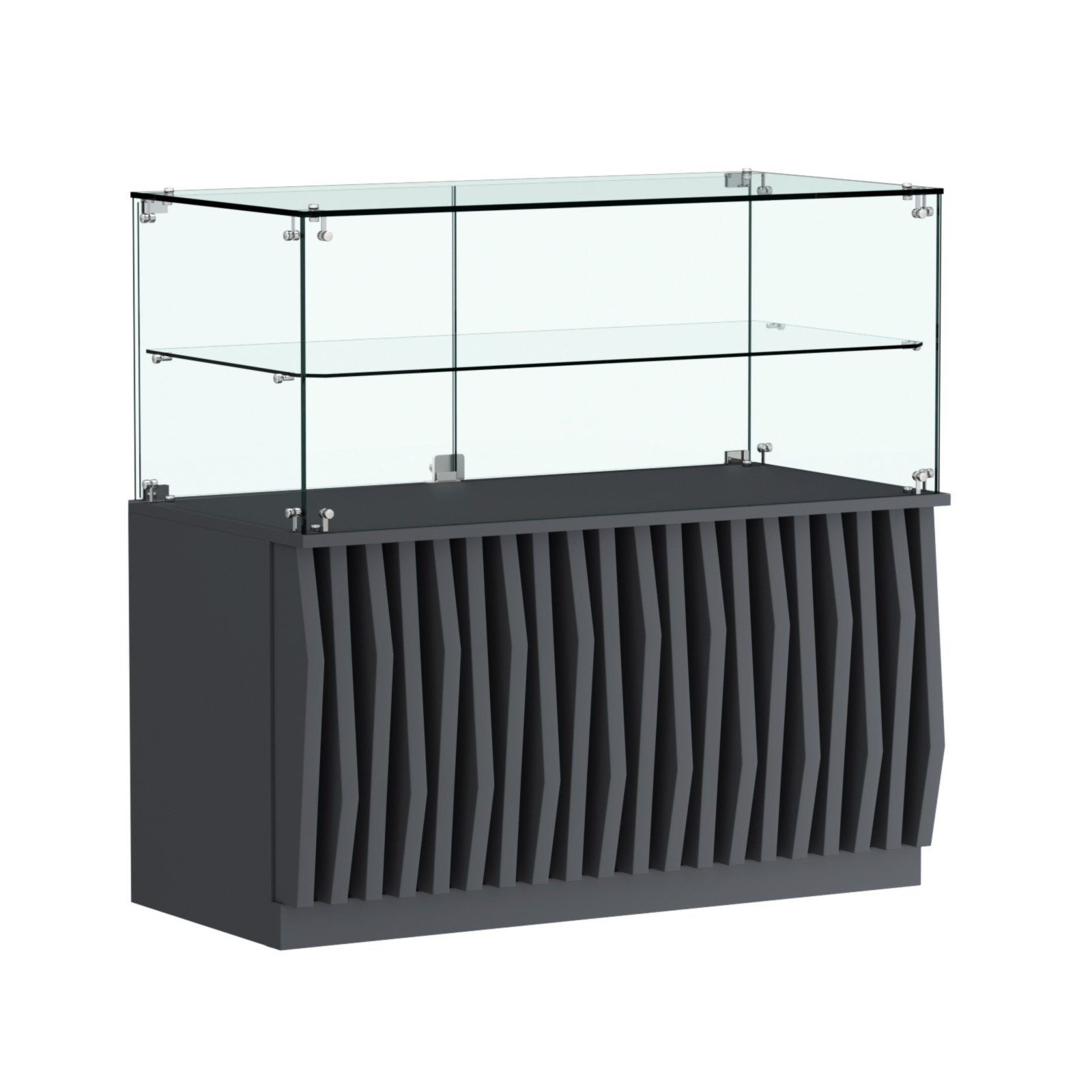 Торговый прилавок прямоугольный с планками и стеклянной полкой серии ОРНАМЕНТ №31 Антрацит